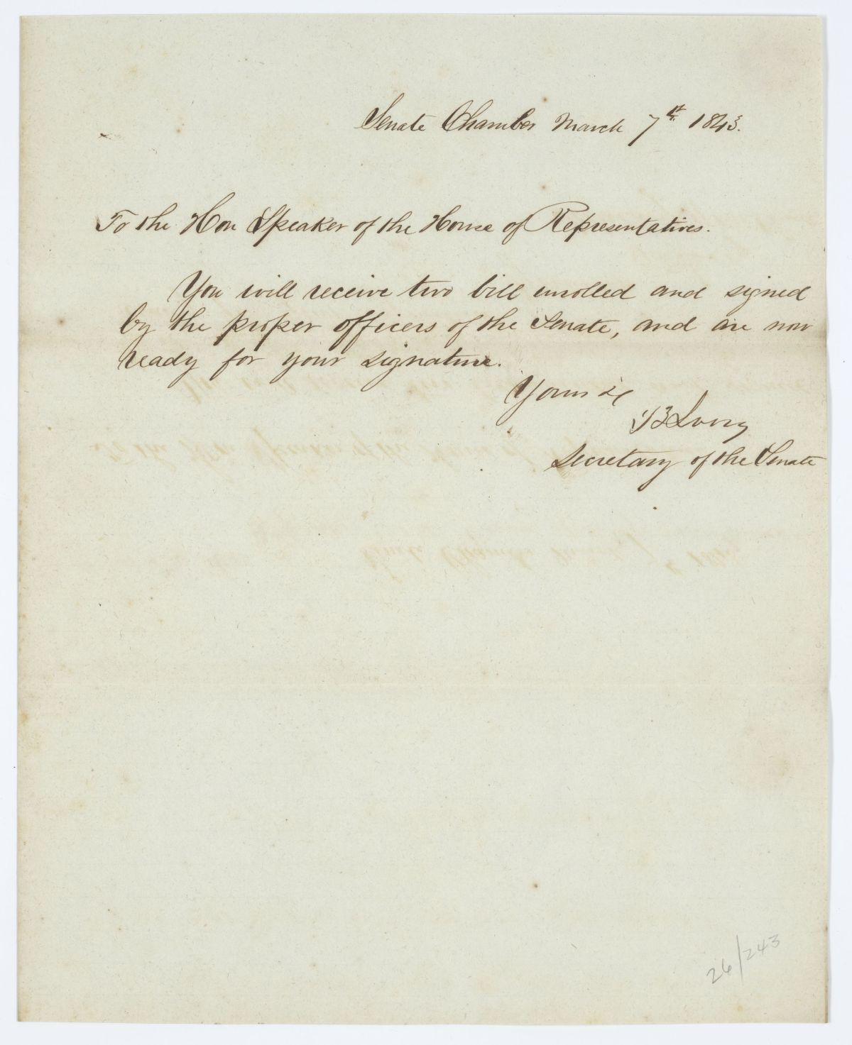 Message from the Senate to the House of Representatives Concerning Legislation, 1843