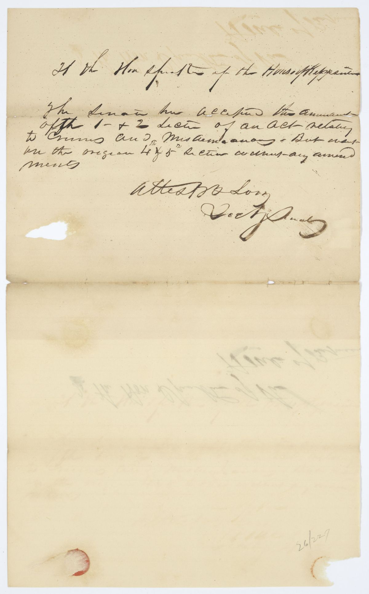 Message from the Senate to the House of Representatives Concerning an Amendment to an Act, circa 1843