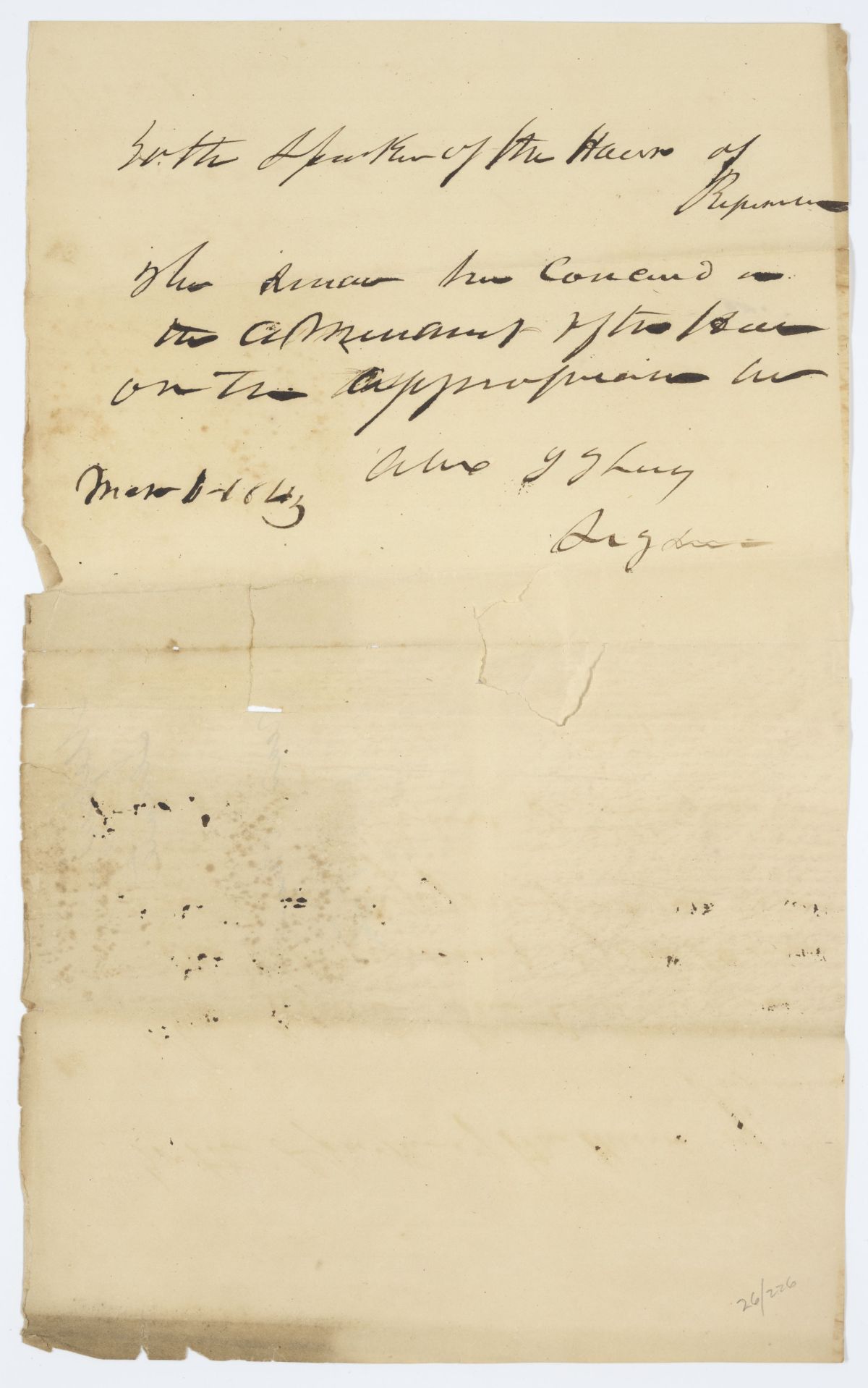 Message from the Senate to the House of Representatives Concerning an Amendment, circa 1843