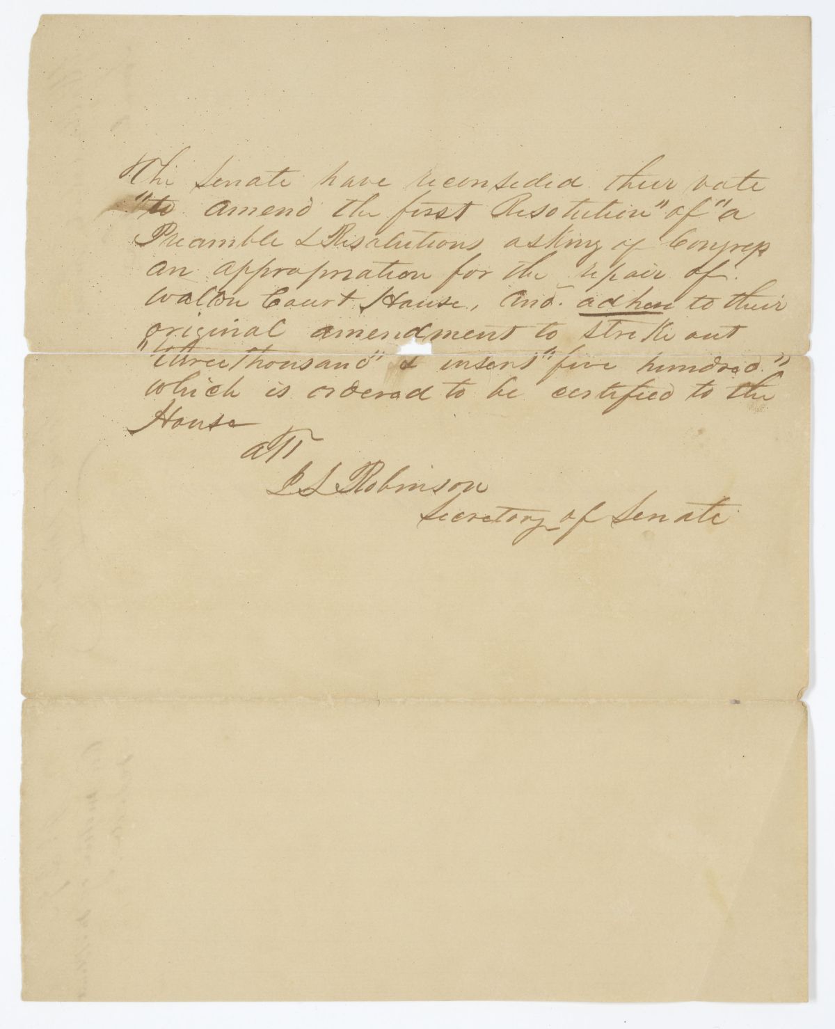 Message from the Senate to the House of Representatives Concerning an Amendment to a Resolution, circa 1842