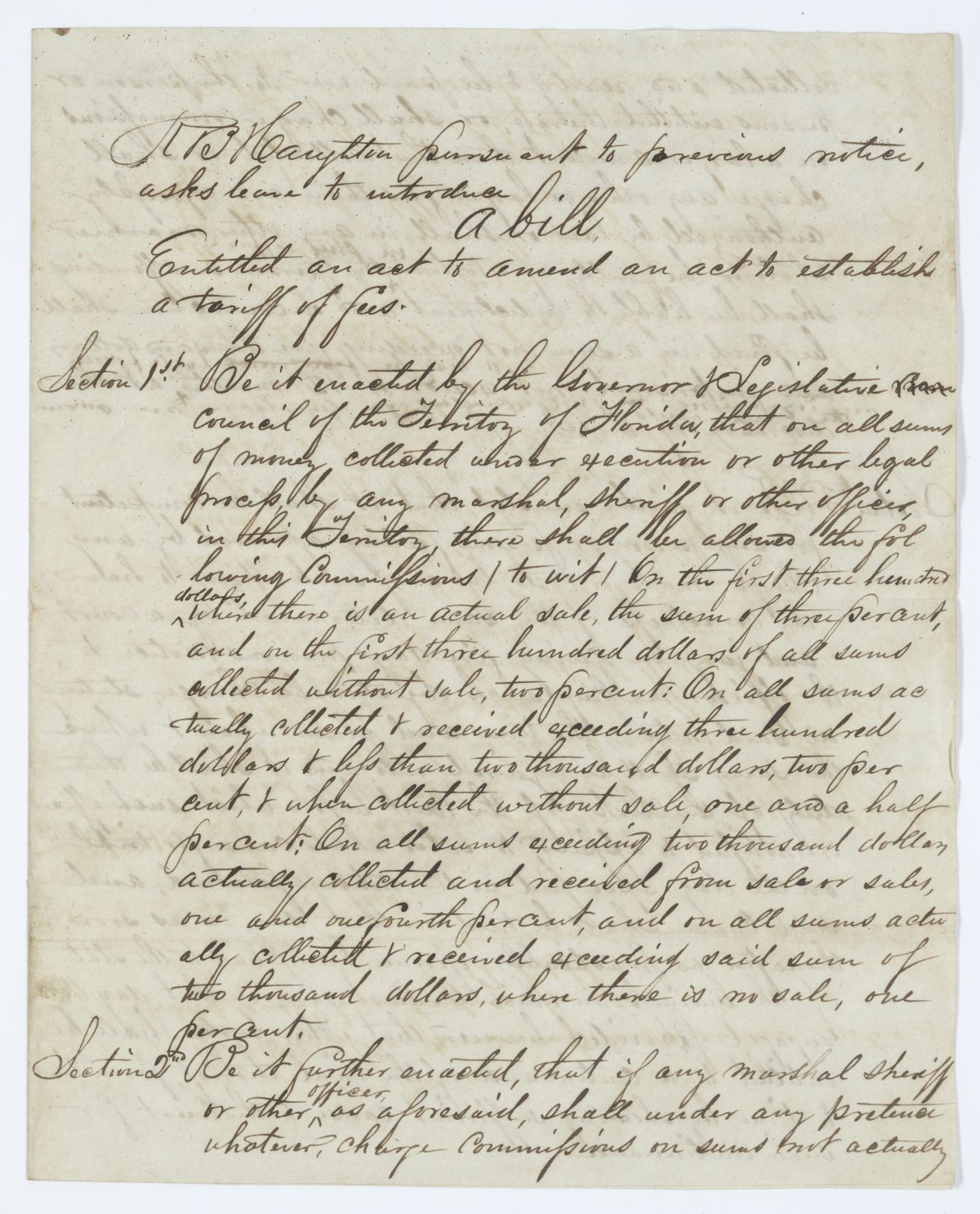 Draft of an Act to Amend an Act to Establish a Tariff of Fees, 1843