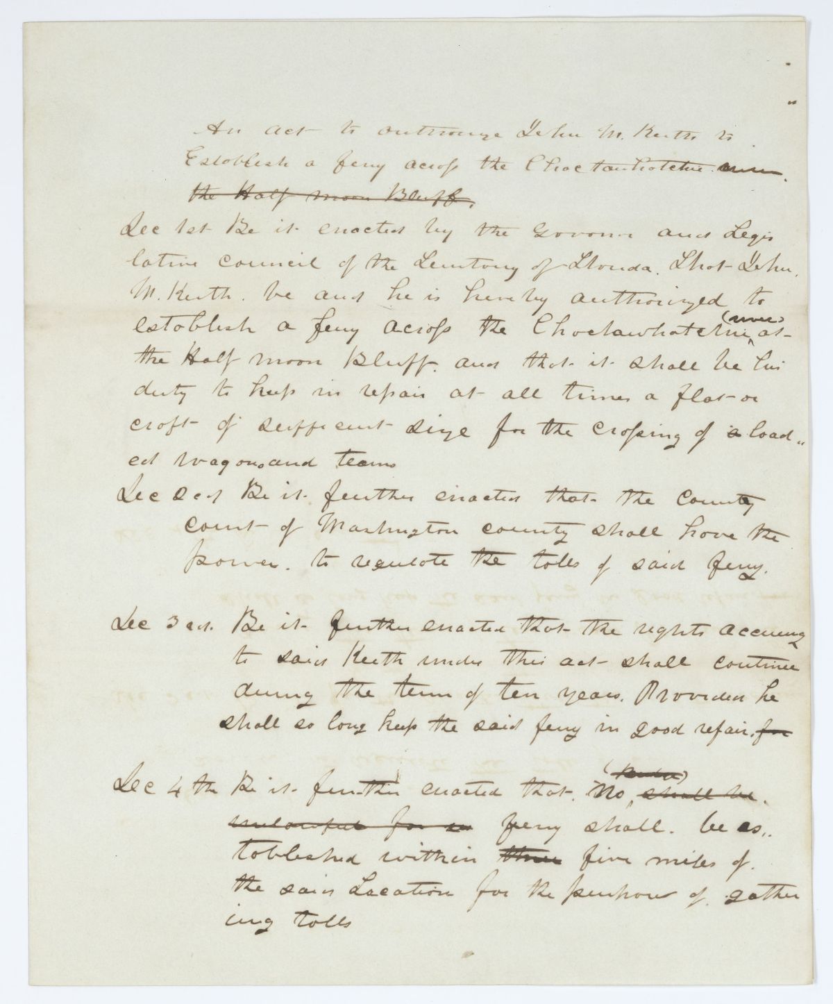 Draft of an Act to Authorize John M. Keith to Establish a Ferry Across the Choctawhatchee River, circa 1843