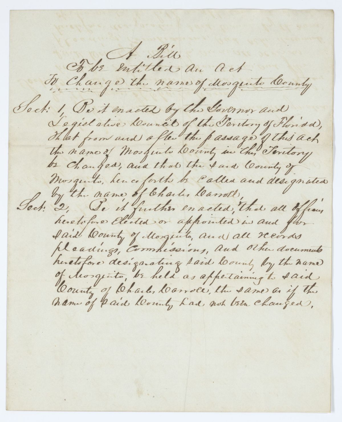 Draft of an Act to Change the Name of Mosquito County, circa 1843