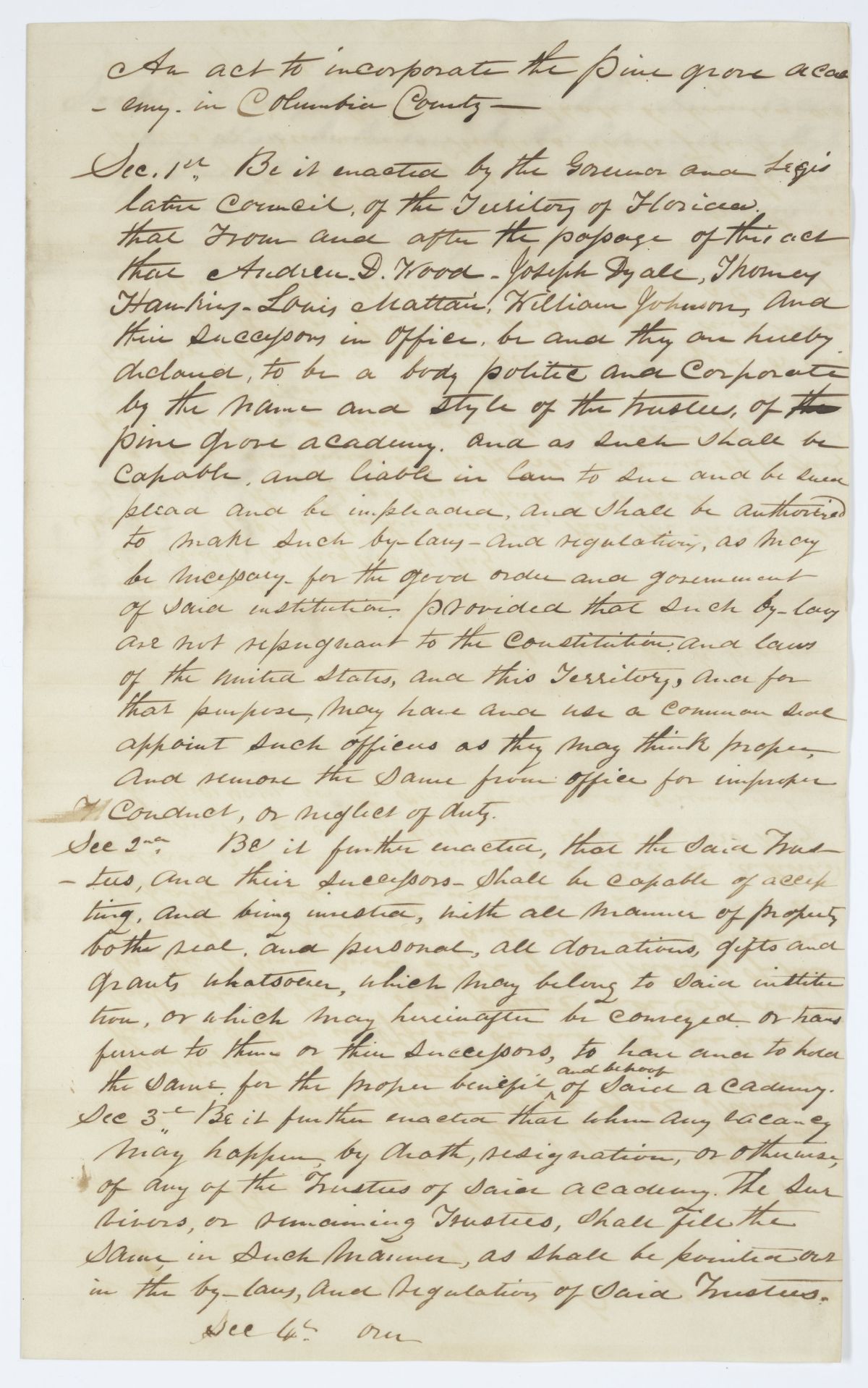 Draft of an Act to Incorporate the Pine Grove Academy in Columbia County, 1843