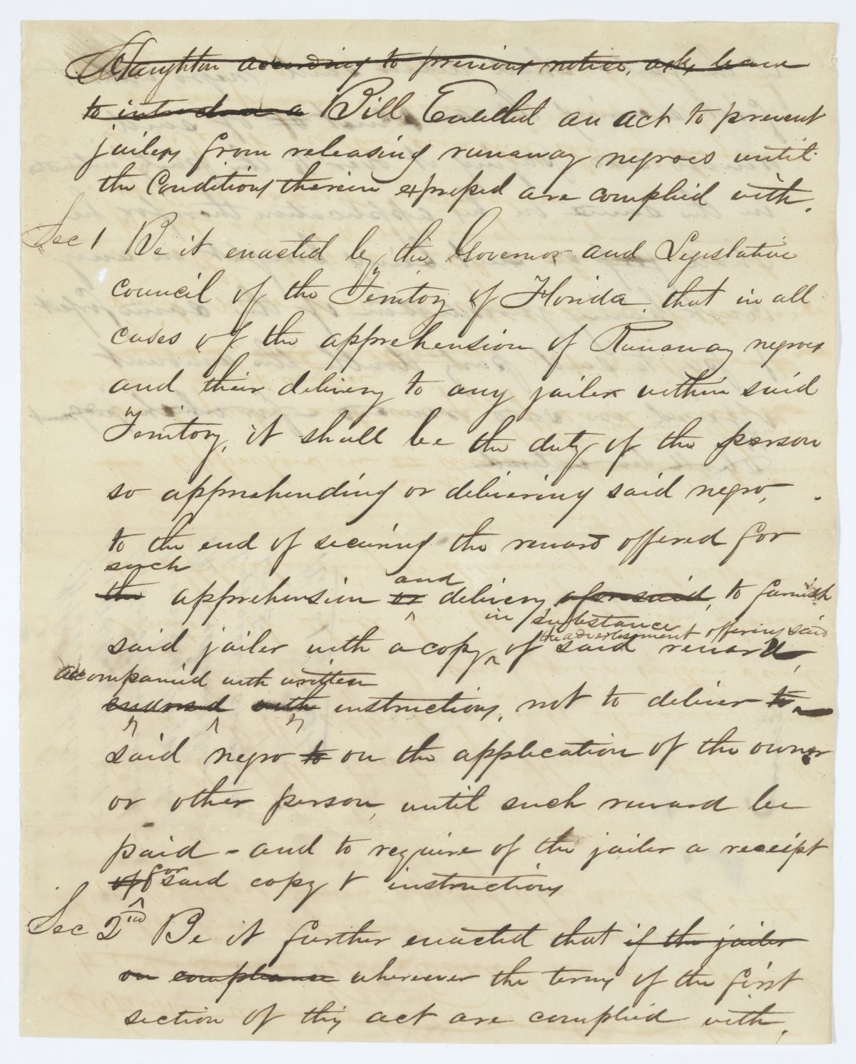 Draft of an Act to Prevent Jailers from Releasing Persons Having Escaped Enslavement, 1843