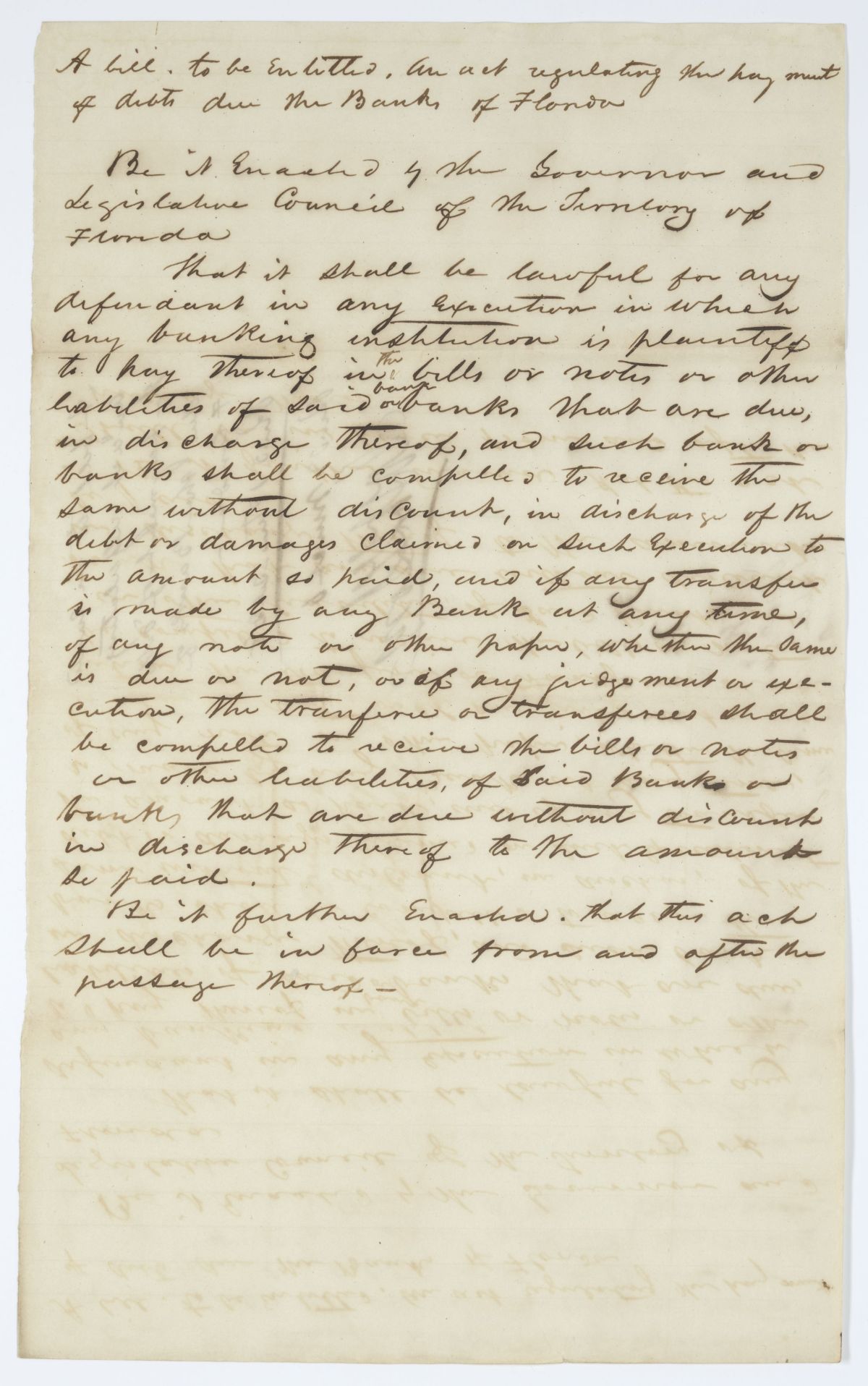 Draft of an Act Regulating the Payment of Debts Due to the Banks of Florida, circa 1843