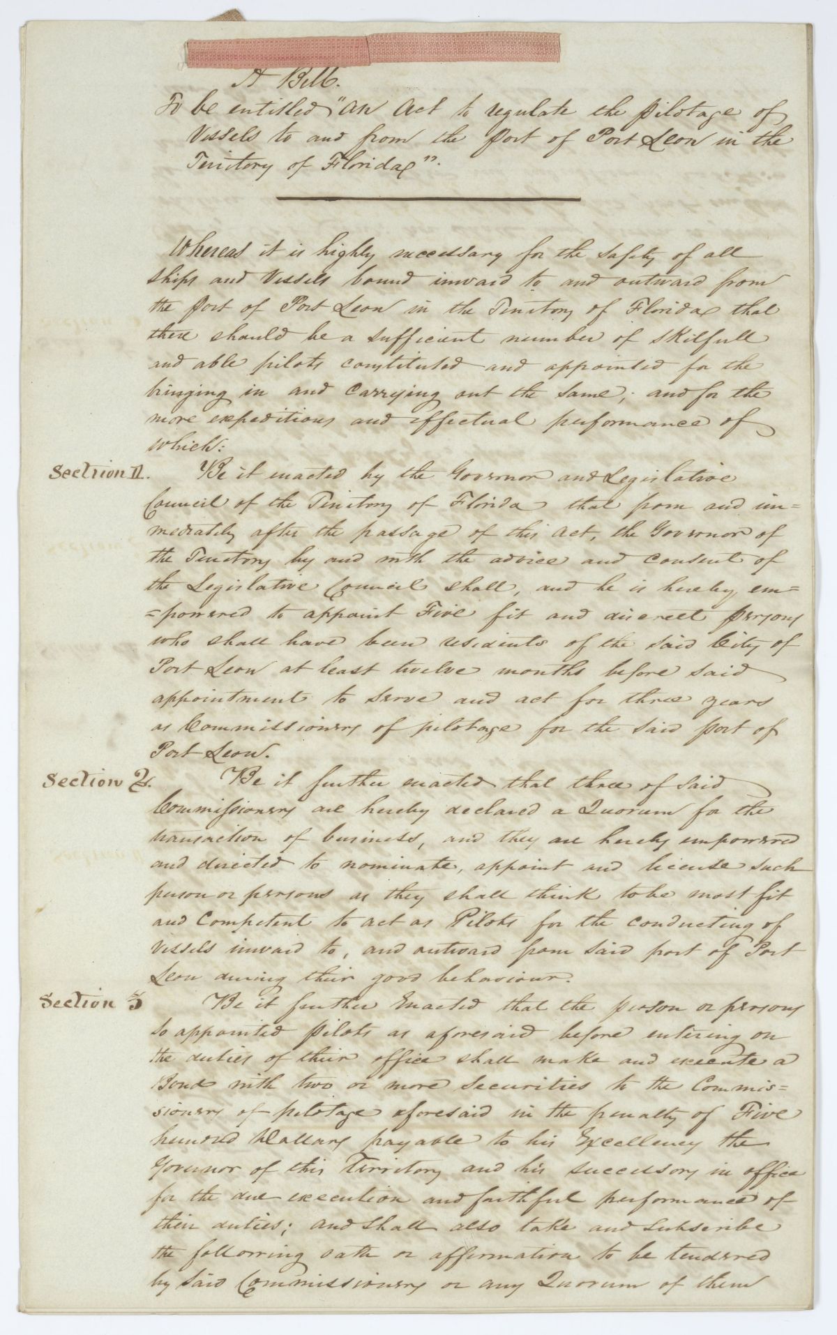 Draft of an Act to Regulate the Pilotage of Vessels to and from the Port of Port Leon in the Territory of Florida, 1843