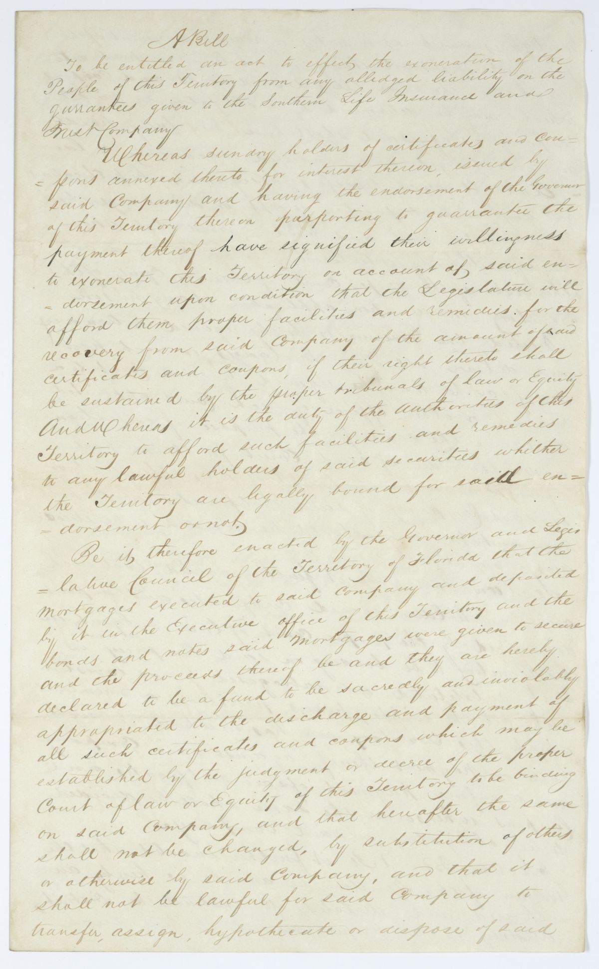 Draft of an Act to Effect the Exoneration from Liability on the Guarantees Given to the Southern Life Insurance and Trust Company, 1843