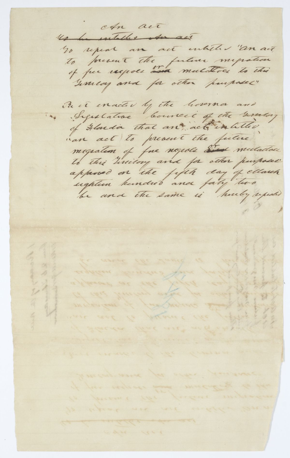 Draft of an Act to Repeal an Act to Prevent the Future Migration of Free Persons of Color to this Territory, 1843