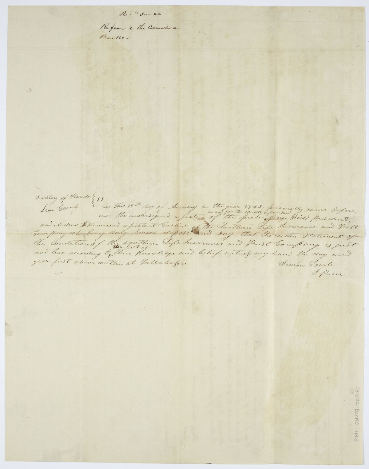 Affidavit Attesting to the Veracity of a Statement of the Southern Life Insurance and Trust Company, 1843