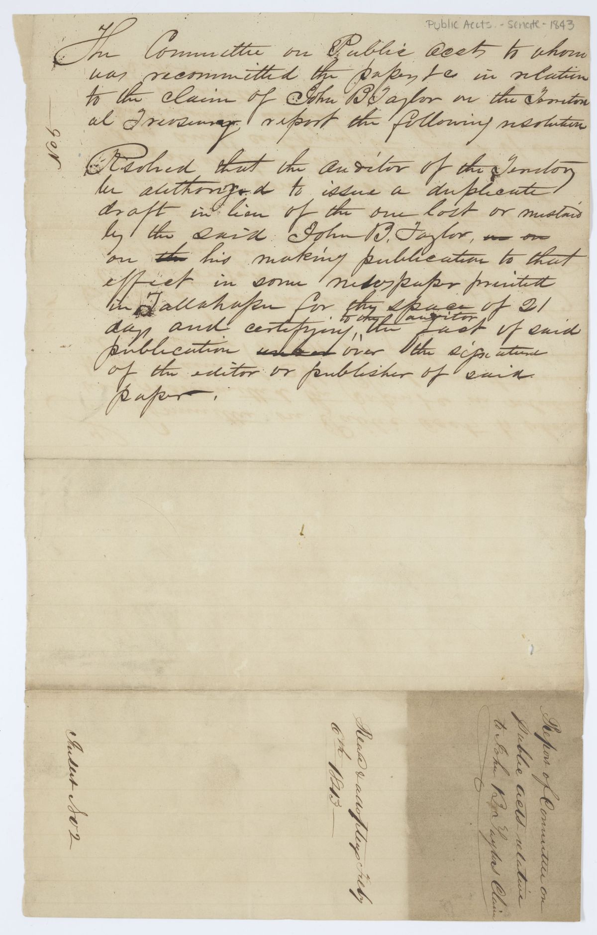 Report of the Committee on Public Accounts Concerning the Claim of John B. Taylor, 1843