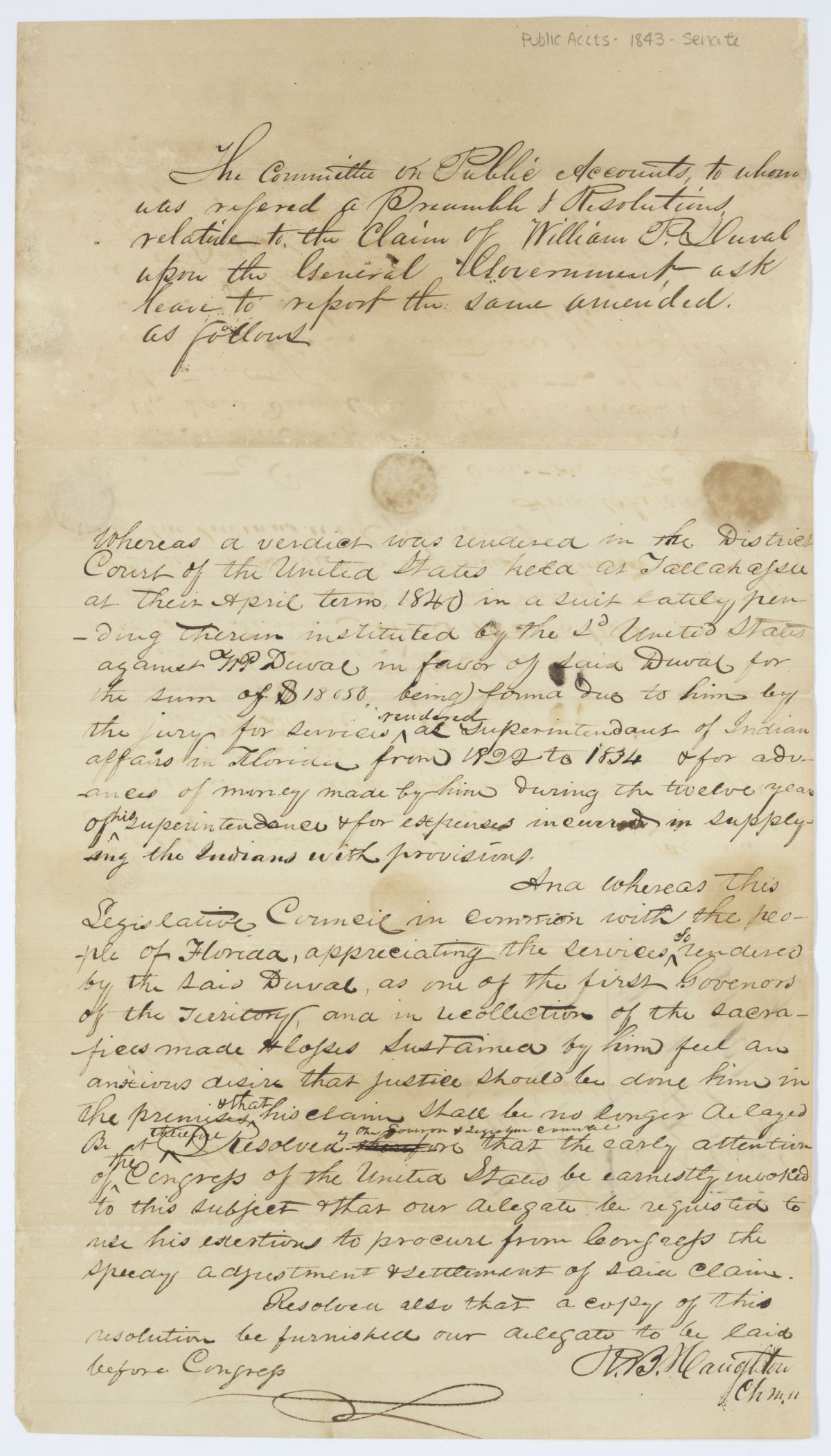 Report of the Committee on Public Accounts to Whom Was Referred a Resolution Relative to the Claim of William P. Duval, circa 1843