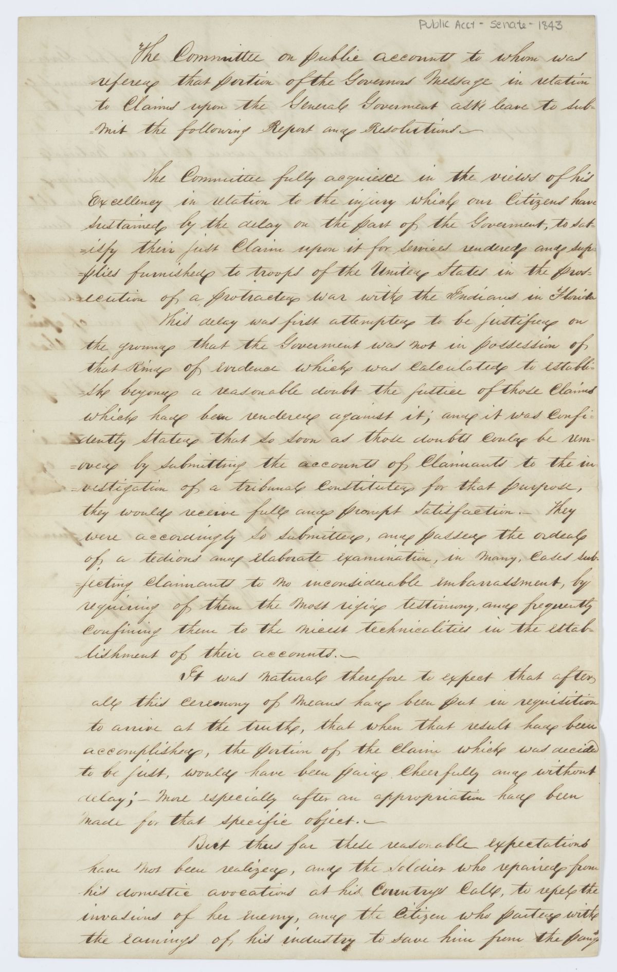 Report of the Committee on Public Accounts Concerning the Governor's Message and Indian War Claims, 1843