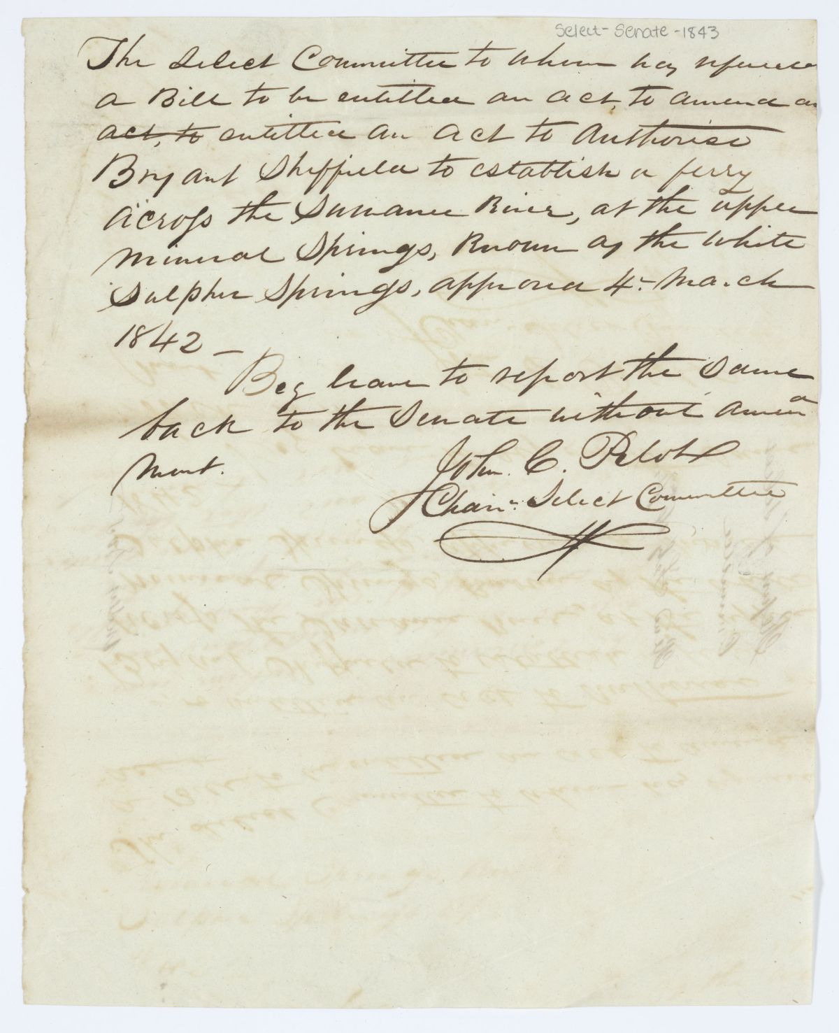 Report of the Select Committee to Whom Was Referred a Bill to Amend an Act to Authorize Bryant Sheffield to Establish a Ferry, 1843