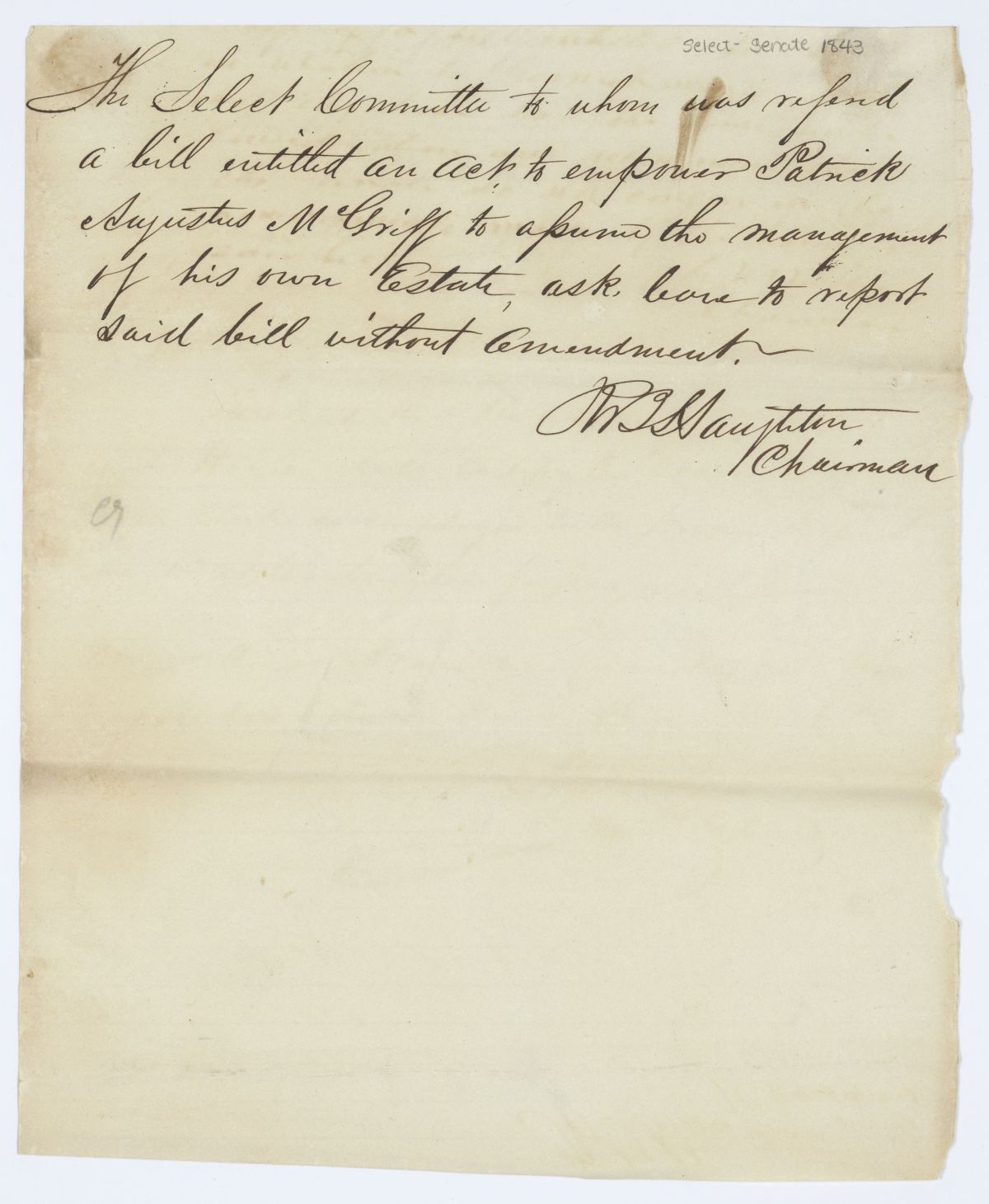 Report of the Select Committee to Whom Was Referred a Bill to Empower Patrick Augustus McGriff to Assume Control of His Estate, circa 1843