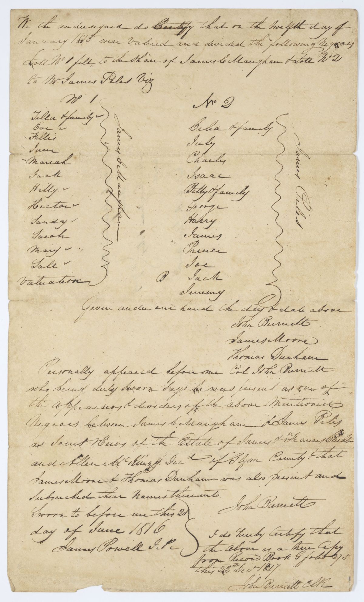 Certified Copy of an Affidavit Attesting to the Conveyance of Certain Enslaved Persons, 1827