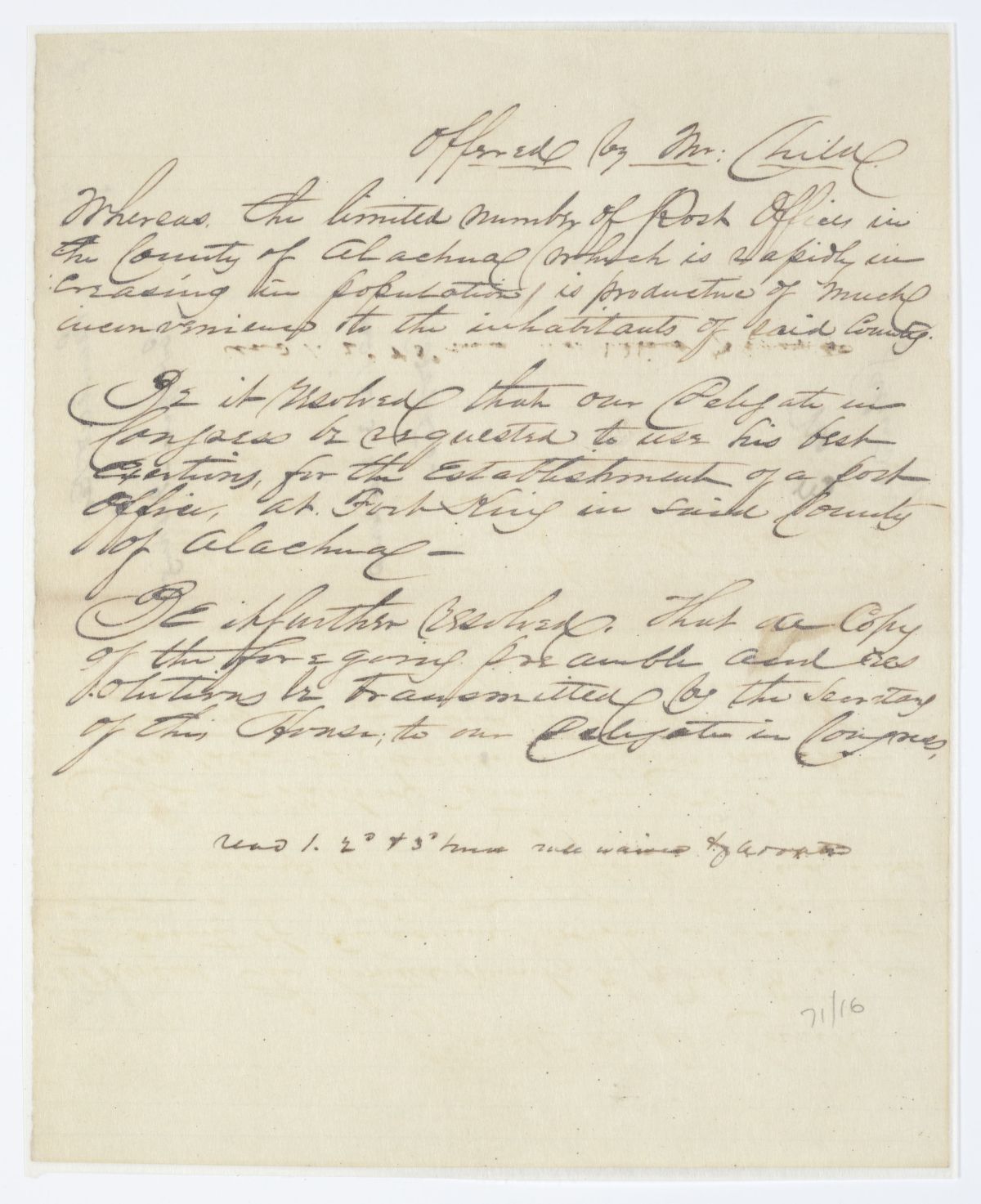 Resolution Directing the Florida Delegate in Congress to Lobby for the Establishment of a Post Office at Fort King, circa 1843