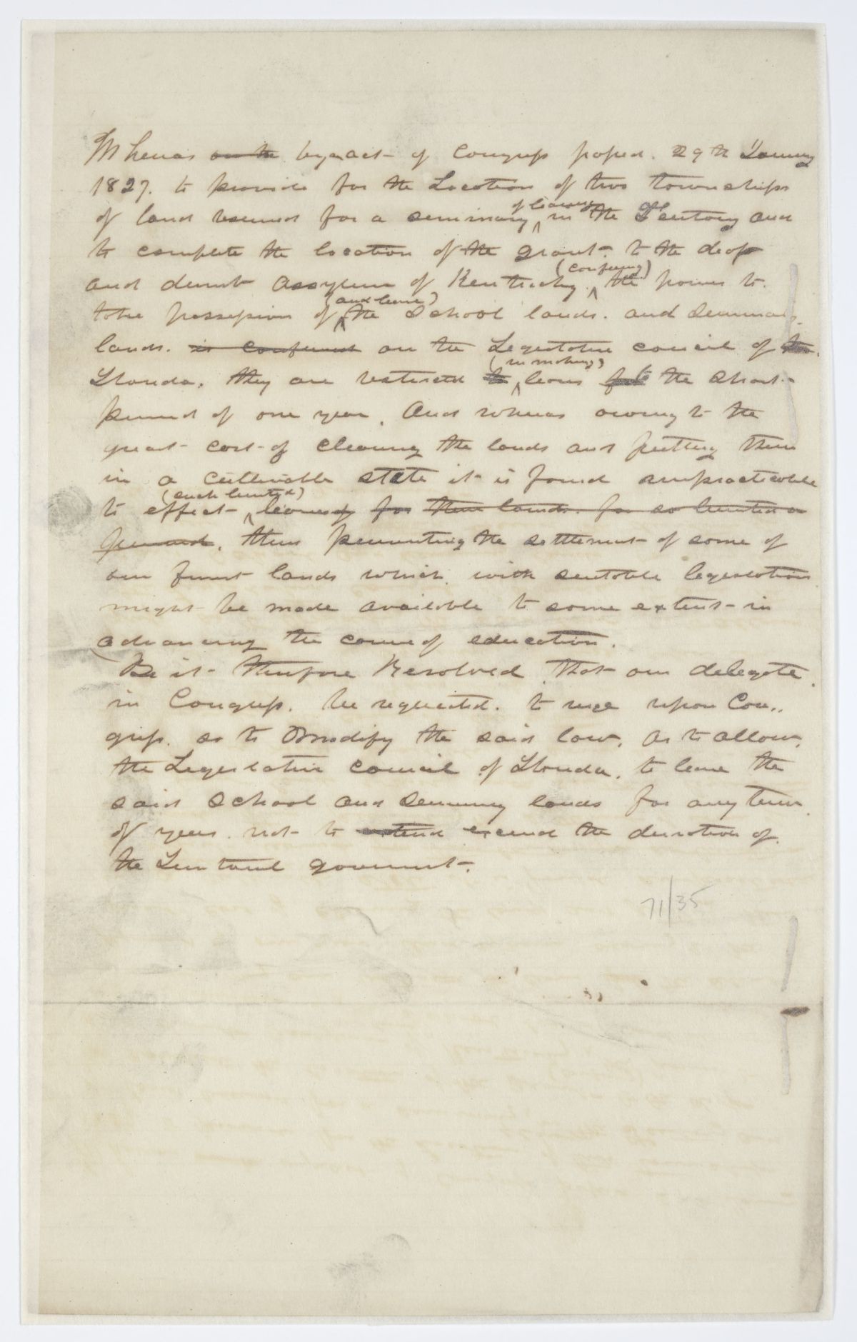 Resolution Directing the Florida Delegate in Congress to Procure an Amendment to a Law Concerning School Lands, circa 1843