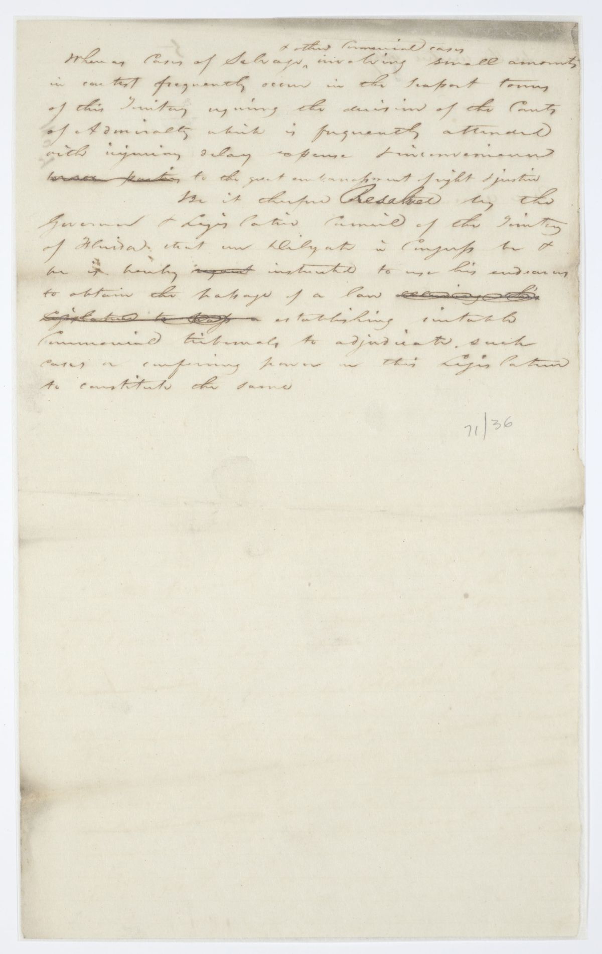 Resolution Directing the Florida Delegate in Congress to Lobby for the Creation of Tribunals to Adjudicate Certain Cases, circa 1843