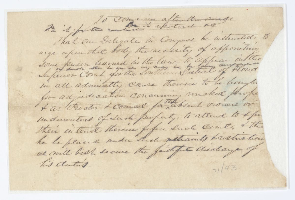 Resolution Directing the Florida Delegate in Congress to Obtain the Appointment of a Lawyer to Take Part in Wrecking Cases, circa 1843