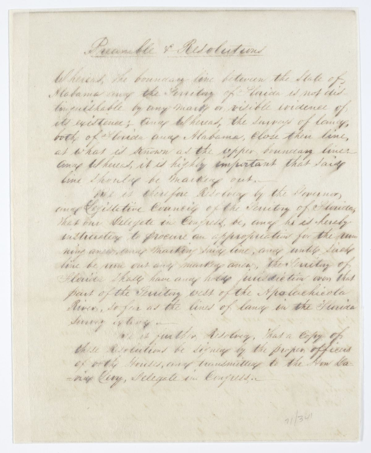 Resolution Directing the Florida Delegate in Congress to Procure an Appropriation for Marking the Line Between Alabama and Florida, 1843