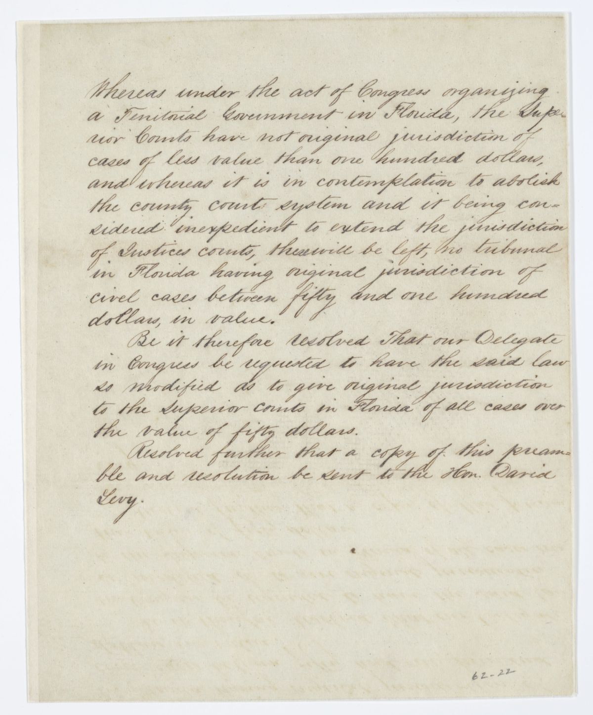 Resolution Directing the Florida Delegate in Congress to Procure an Amendment to a Law Regarding the Jurisdiction of Courts, 1843