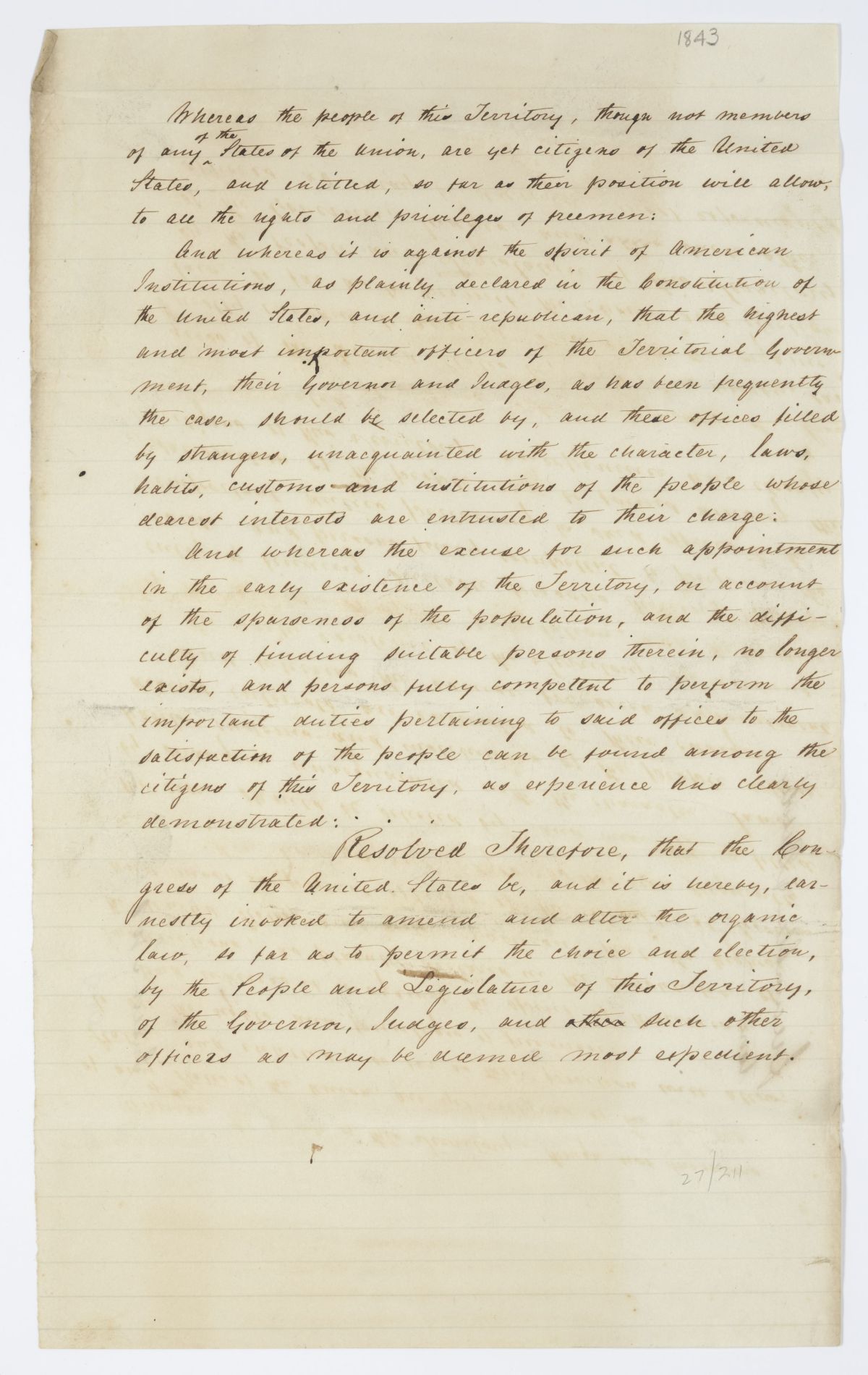 Memorial to Congress Requesting an Amendment to the Organic Law to Allow for the Election of Governor and Other Public Officers, circa 1843