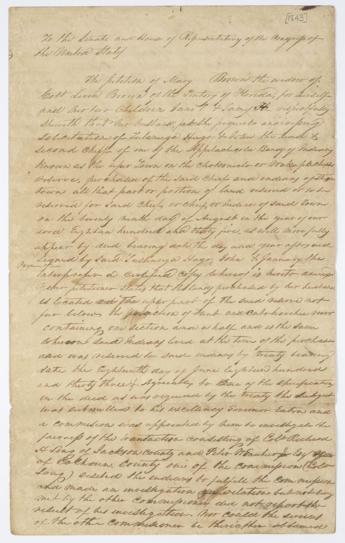 Petition of Mary Brown to Congress Requesting the Passage of a Law Securing the Title to Her Land, circa 1843