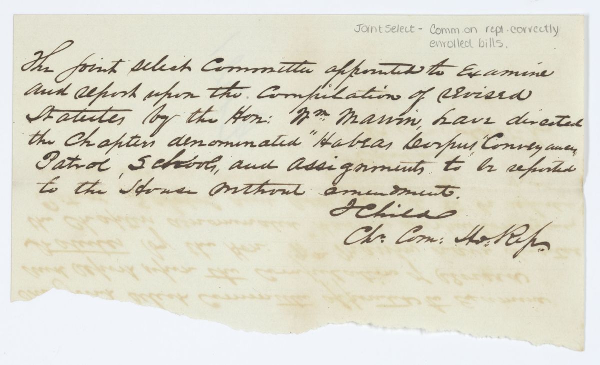 Report of the Joint Select Committee Appointed to Examine the Compilation of Revised Statutes by Judge Marvin, circa 1843