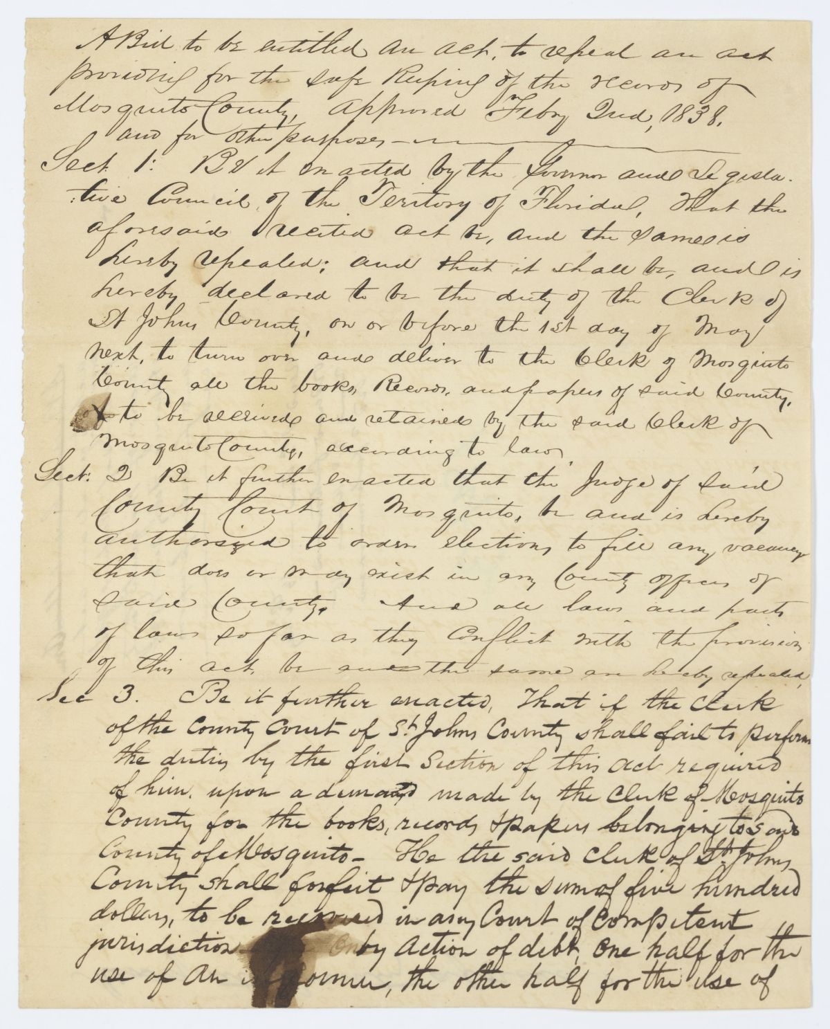 Draft of an Act to Repeal an Act Providing for the Safe Keeping of the Records of Mosquito County, circa 1843