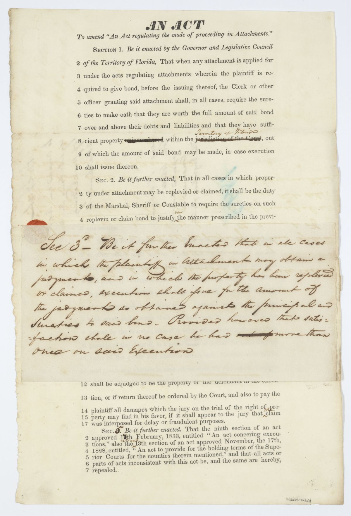 Draft of an Act to Amend an Act Regulating the Mode of Proceeding in Attachments, circa 1843