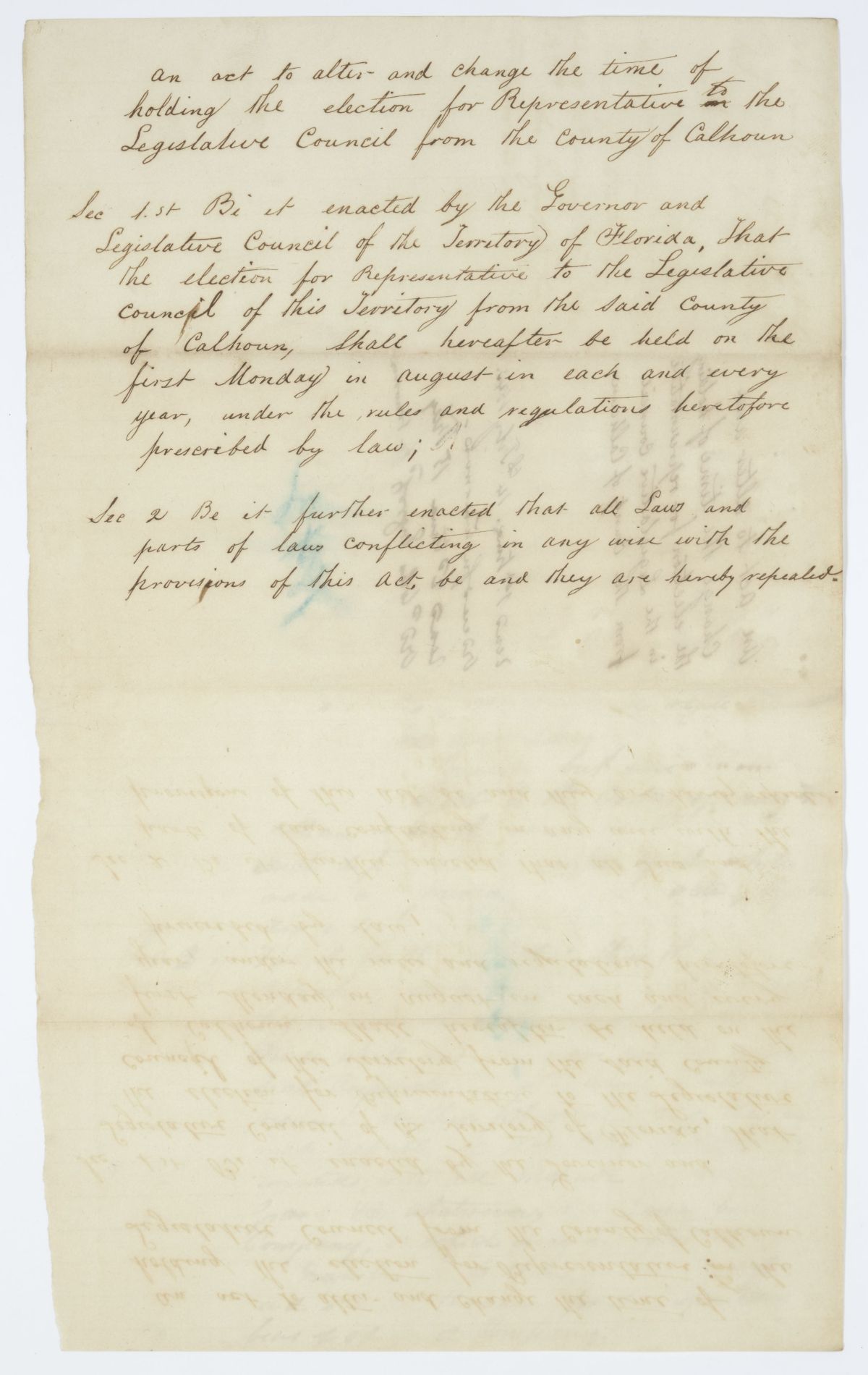 Draft of an Act to Change the Time of the Election for Representatives to the Territorial Legislative Council from Calhoun County, 1843