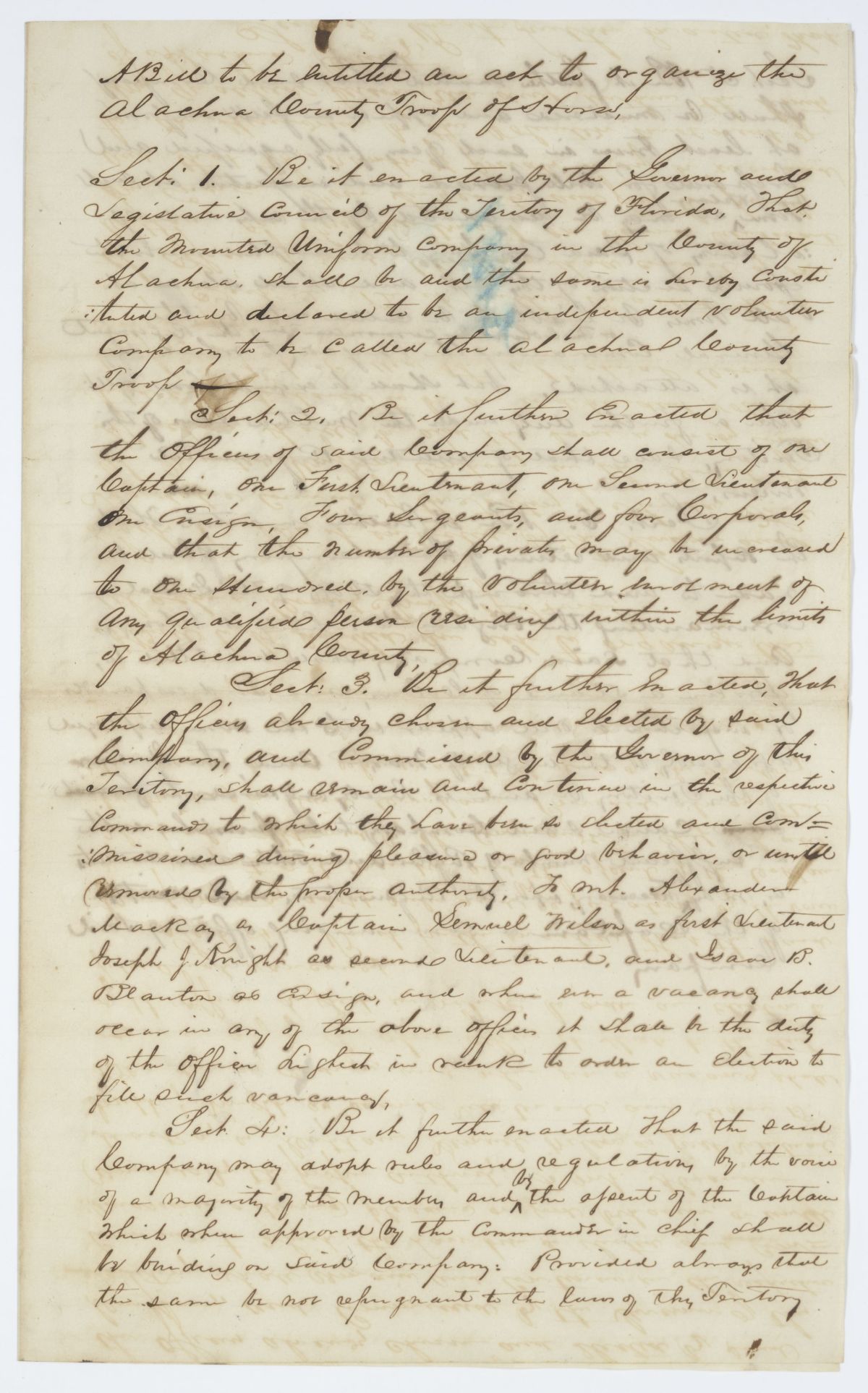 Draft of an Act to Organize the Alachua County Troop, 1843