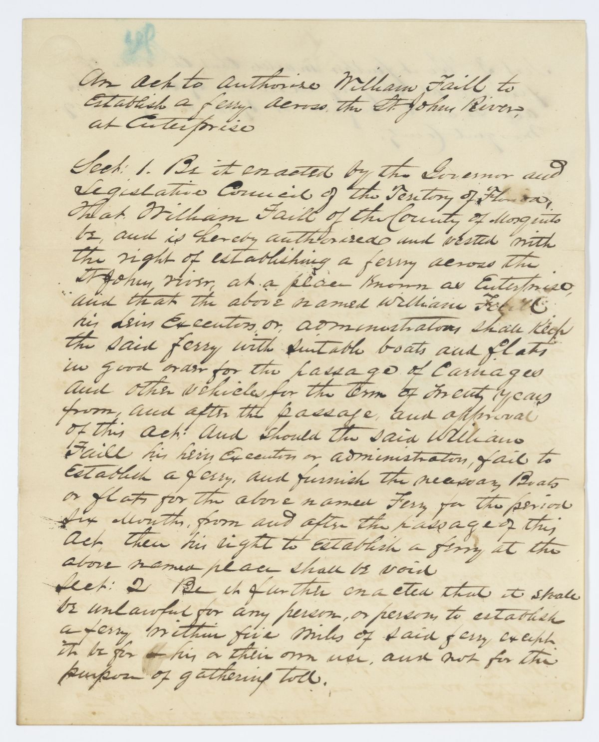 Draft of an Act to Authorize William Faill to Establish a Ferry Across the Saint Johns River, 1843