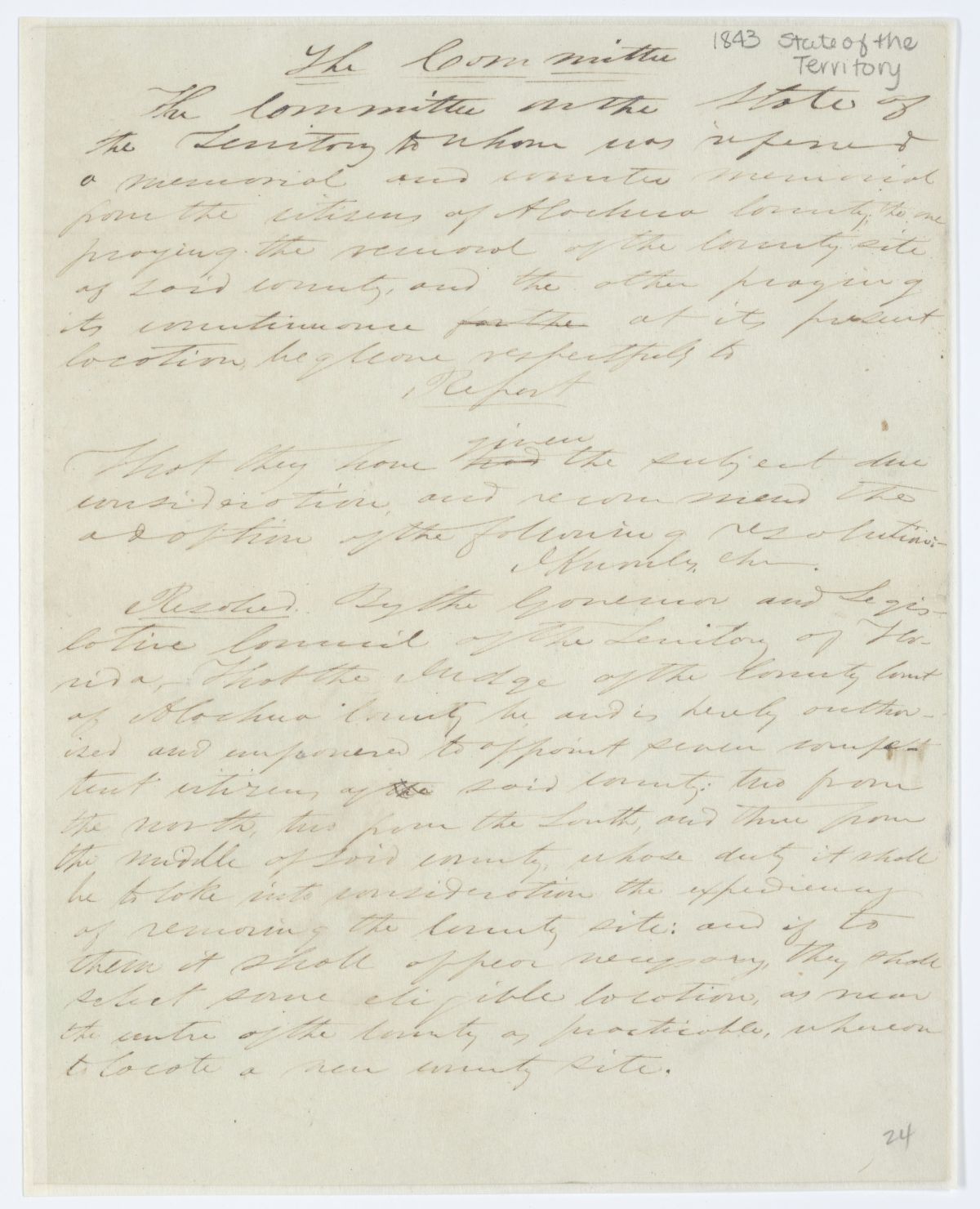 Report of the Committee on the State of the Territory Regarding Petitions from Alachua County Concerning the County Seat, circa 1843