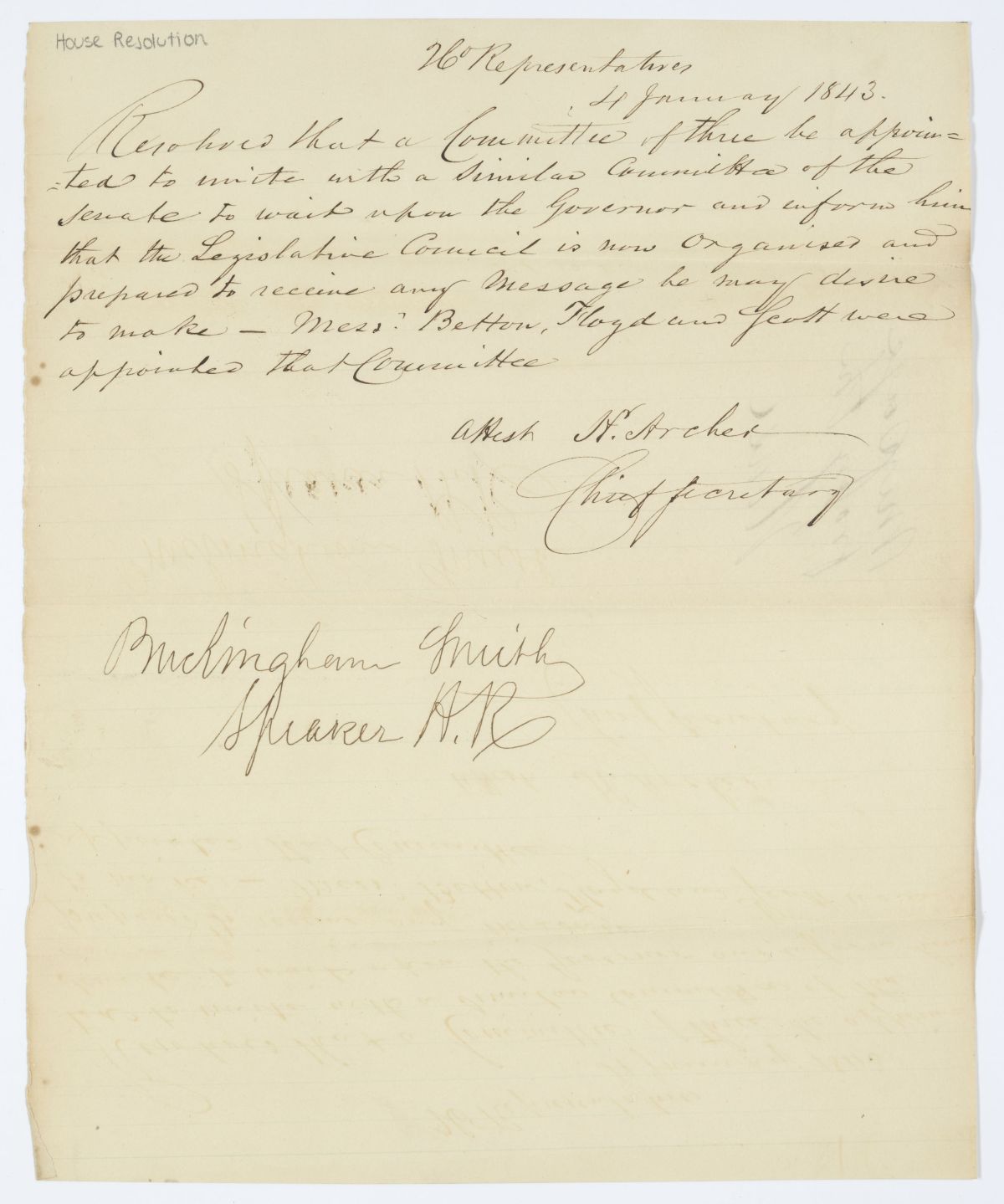 Message from the House Containing a Resolution Calling for a Joint Committee to Wait upon the Governor, 1843