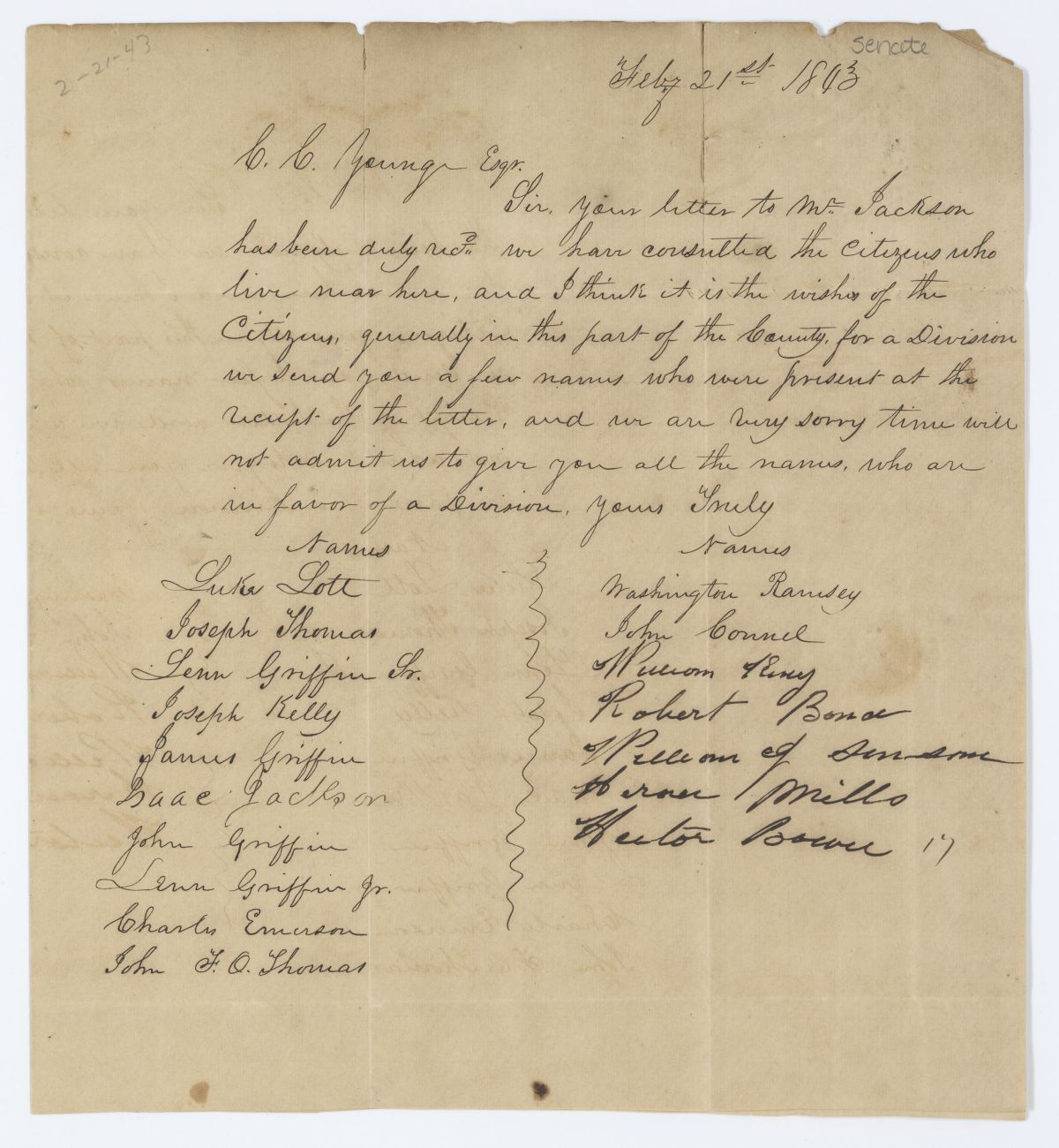 Letter to C. C. Yonge Providing the Names of Those in Favor of a Division of the County, 1843