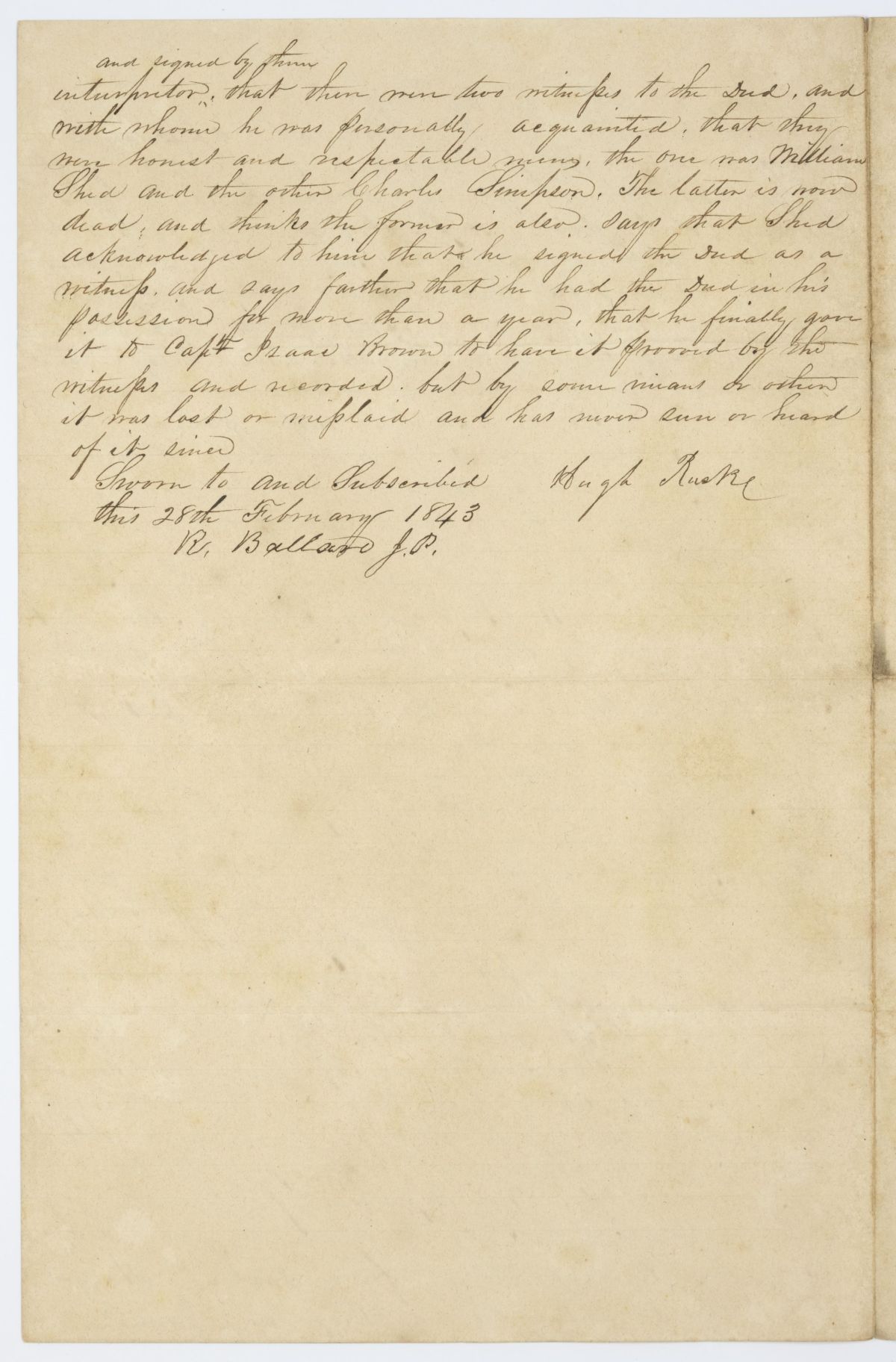 Affidavit of Hugh Rusk Attesting to a Sale of Land Between Native Americans and Levin Brown, 1843