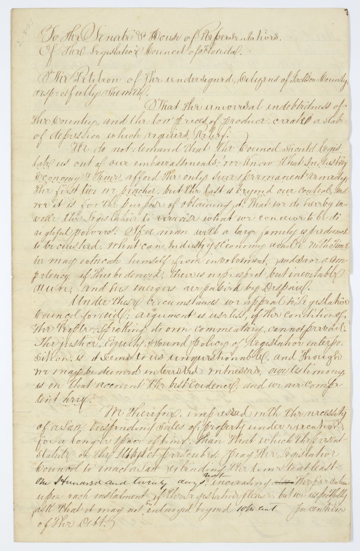 Petition of Citizens of Jackson County Requesting a Suspension of Sales of Property Under Execution, 1843