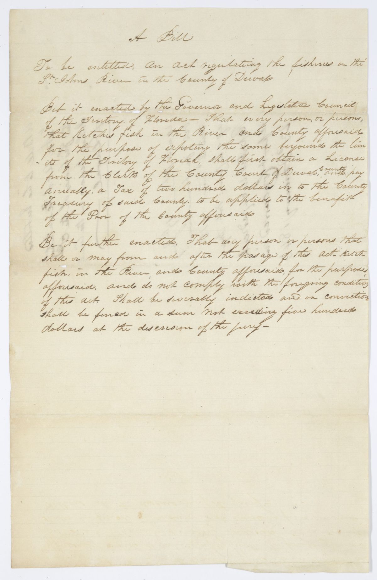 Draft of an Act Regulating the Fisheries on the Saint Johns River in the County of Duval, 1843