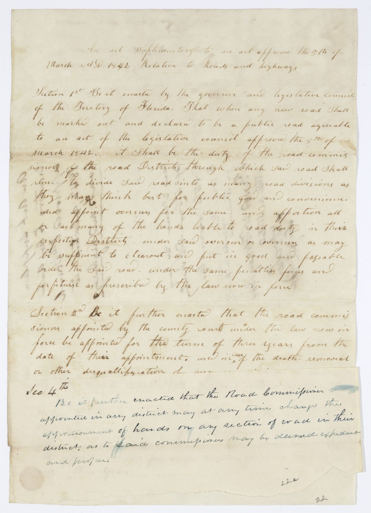 Draft of an Act Supplementary to an Act Relative to Roads and Highways, 1844