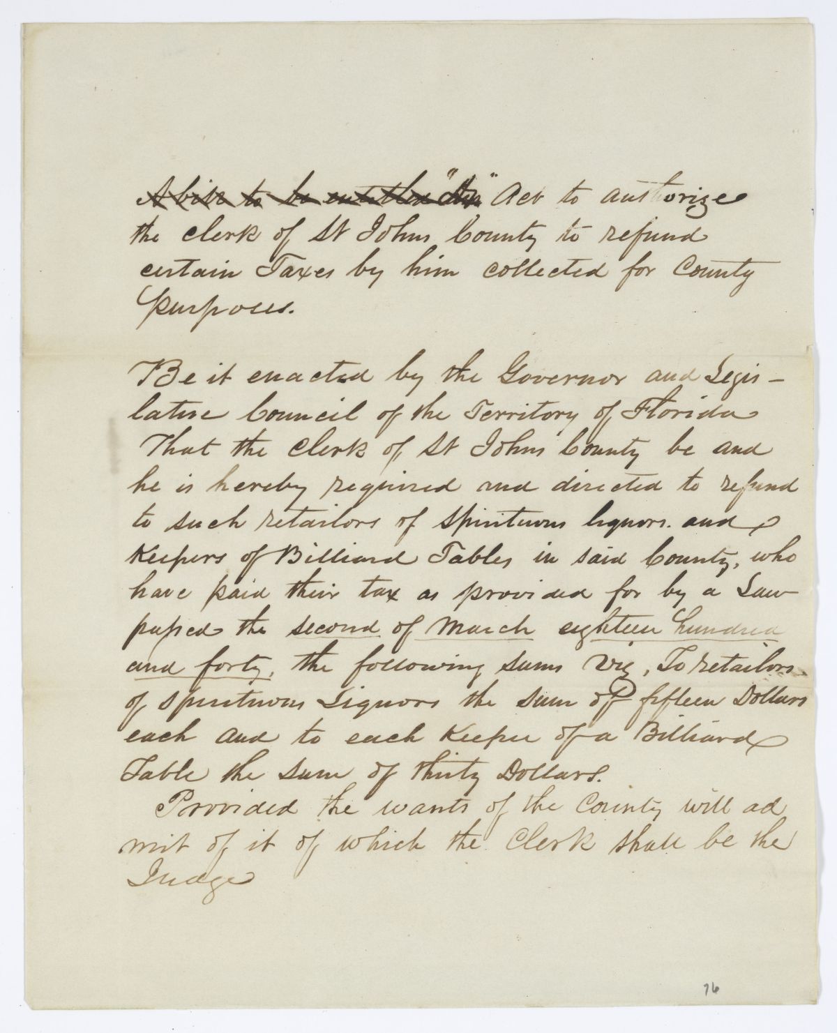 Draft of an Act to Authorize the Clerk of Saint Johns County to Refund Certain Taxes, 1844