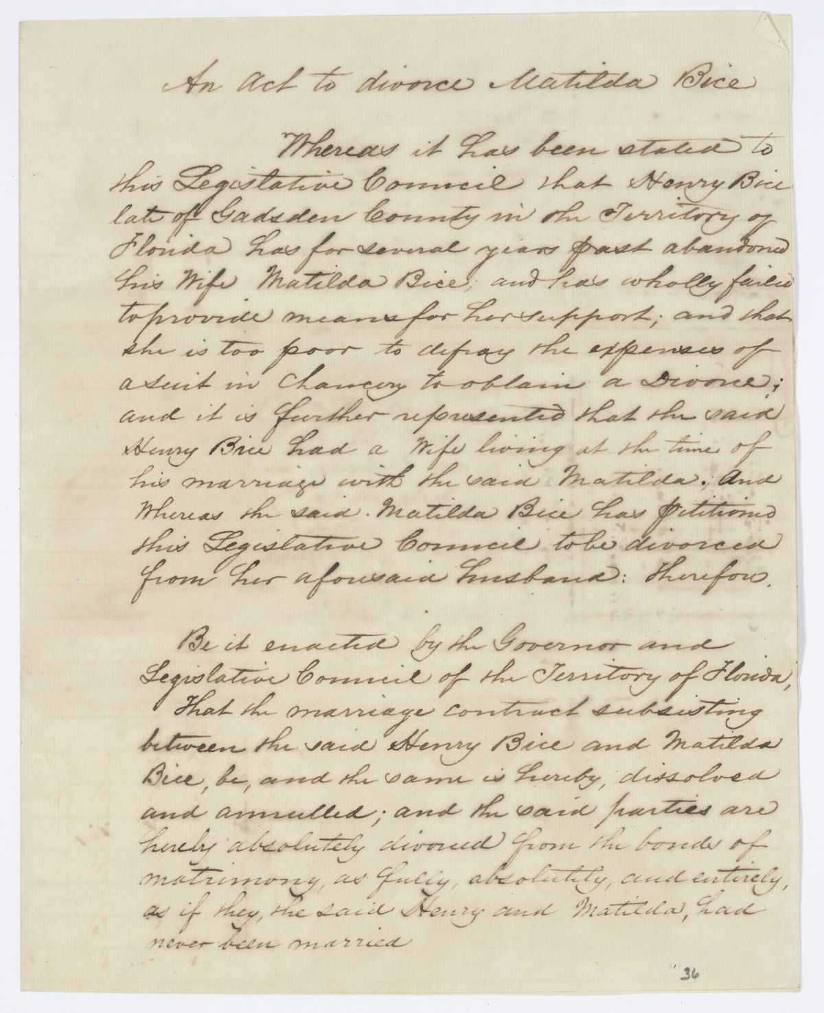 Draft of an Act to Divorce Matilda Bice, 1844