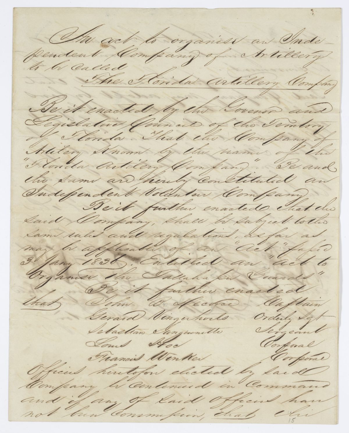 Draft of an Act to Organize an Independent Company of Artillery to Be Called the Florida Artillery Company, 1844