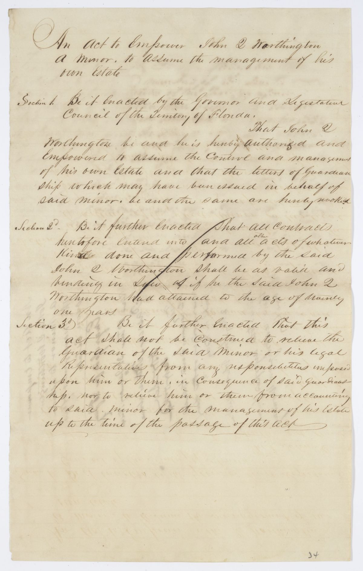 Draft of an Act to Empower John Q. Worthington to Assume the Management of His Own Estate, 1844