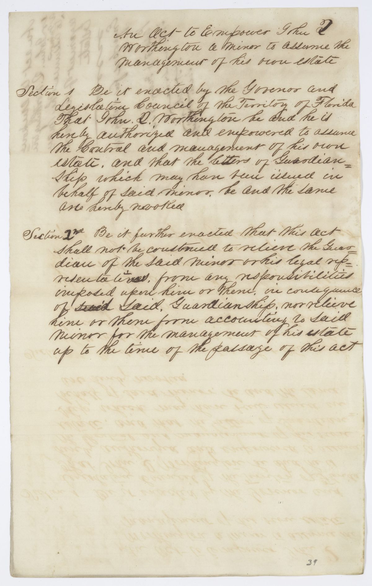 Draft of an Act to Empower John Q. Worthington to Assume the Management of His Own Estate, 1844