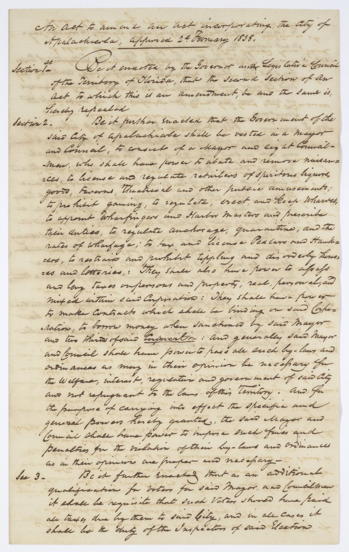 Draft of an Act to Amend an Act Incorporating the City of Apalachicola, 1844