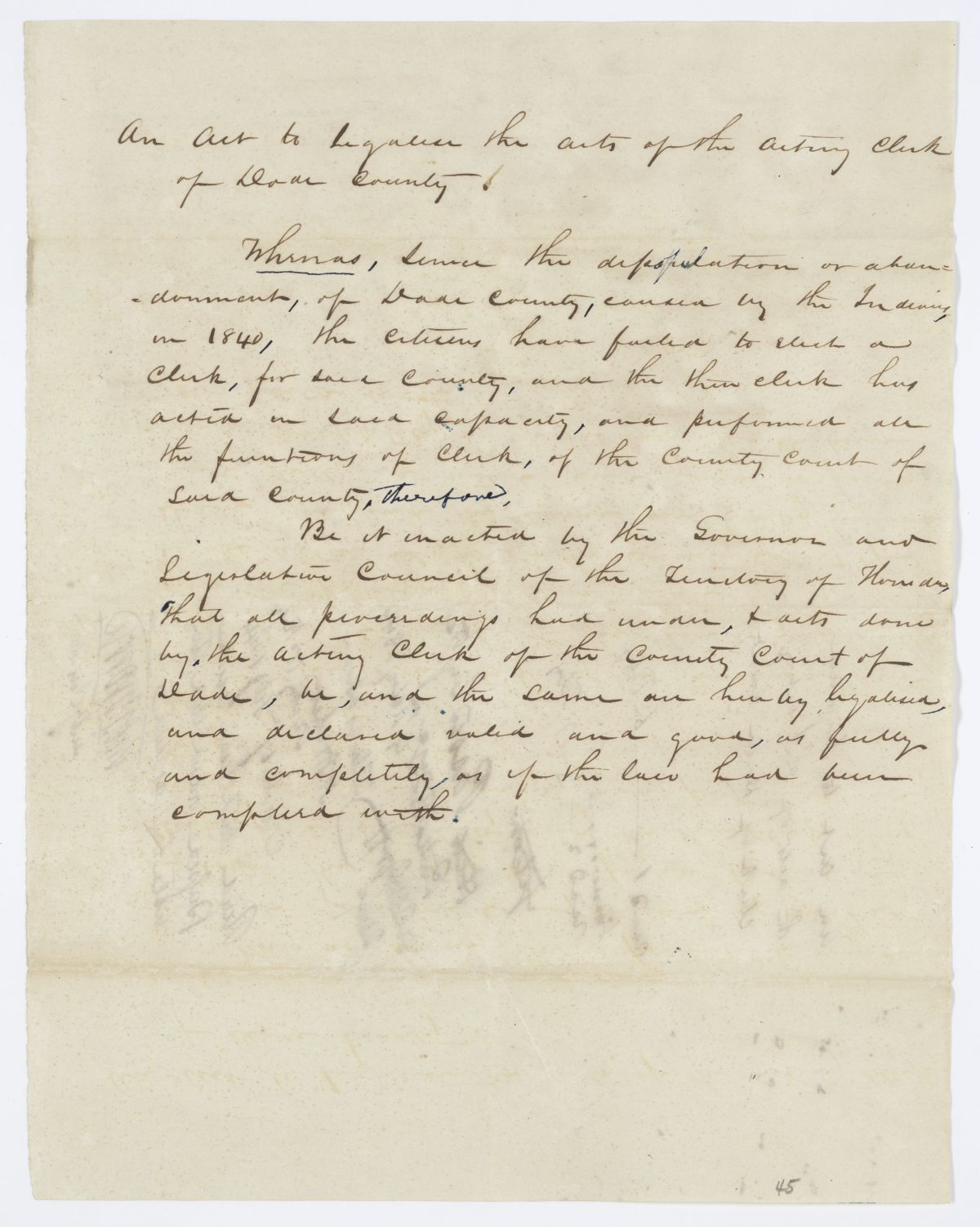 Draft of an Act to Legalize the Acts of the Acting Clerk of Dade County, 1844