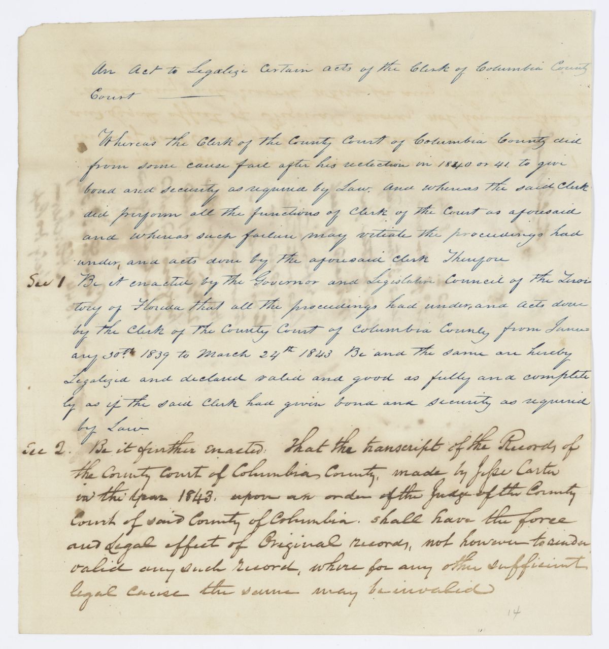 Draft of an Act to Legalize Certain Acts of the Clerk of the Columbia County Court, 1844