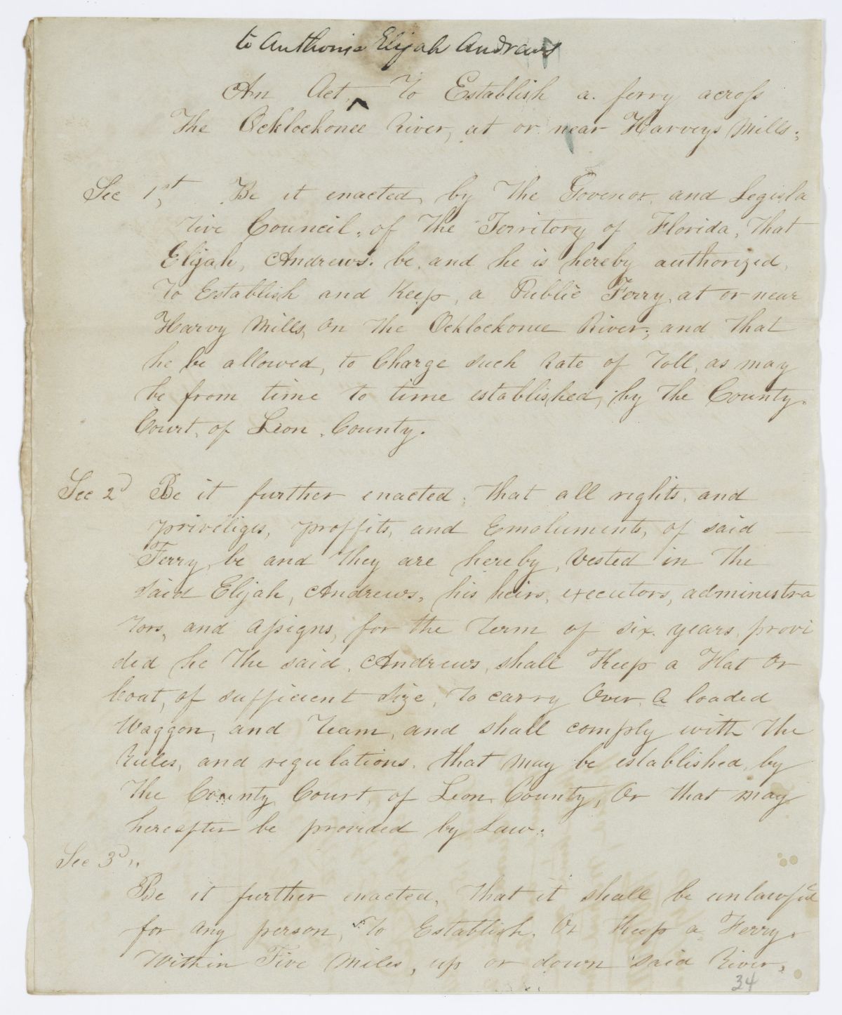 Draft of an Act to Establish a Ferry Across the Ochlockonee River at or Near Harvey's Mills, 1844